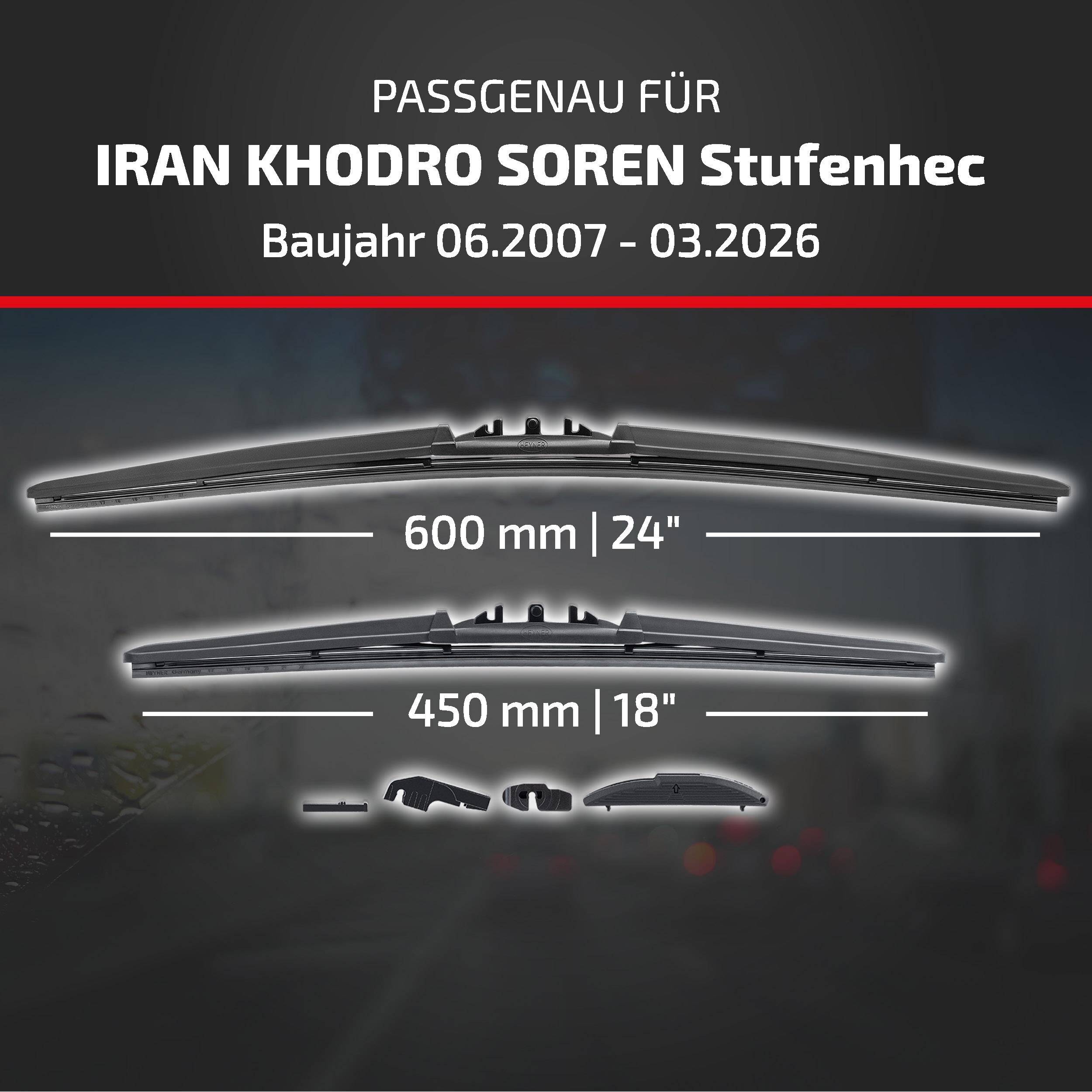 HEYNER® Scheibenwischer für IRAN KHODRO SOREN Stufenheck (06.2007 - 08.2026) HYBRID Flachbalkenwischer
