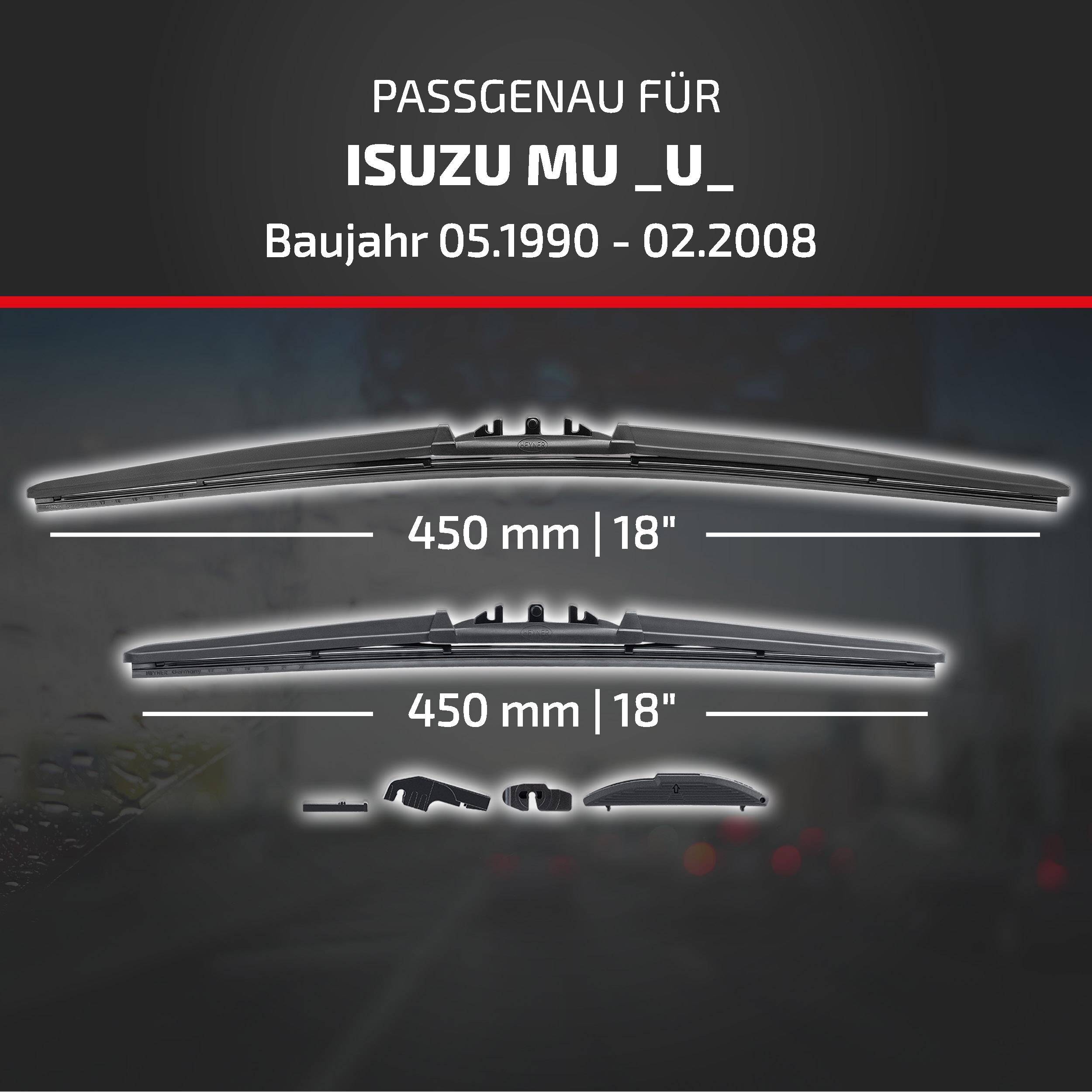 Kompatibilitätsgrafik für Isuzu MU_U_ (1990-2008) mit zwei Scheibenwischerblättern, beide 450 mm (18 Zoll) lang.