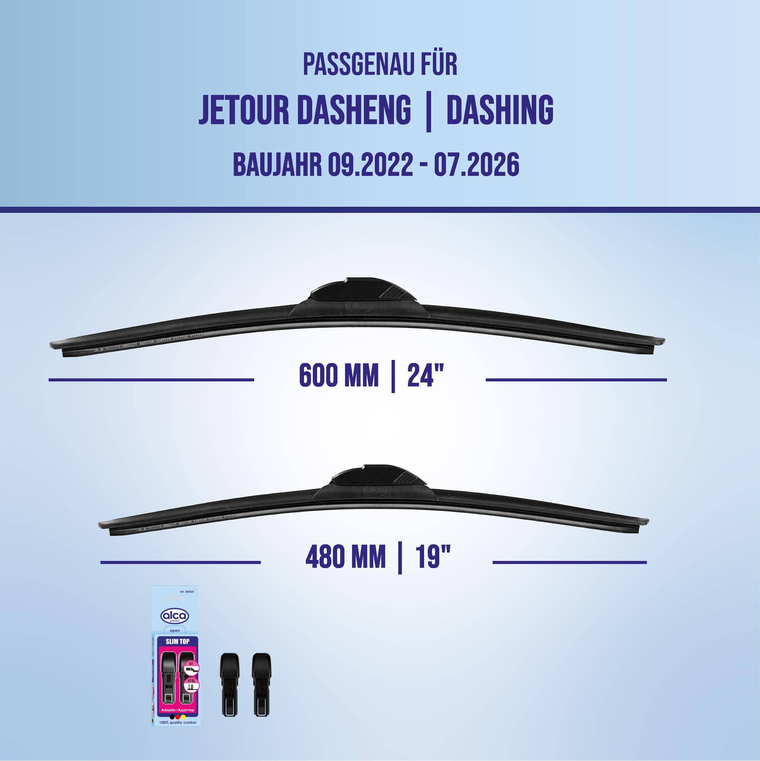 Kompatibilitätsgrafik für JETOUR DASHENG/DASHING Scheibenwischer, Modelljahre 09.2022-07.2026, mit Größen 600 mm (24