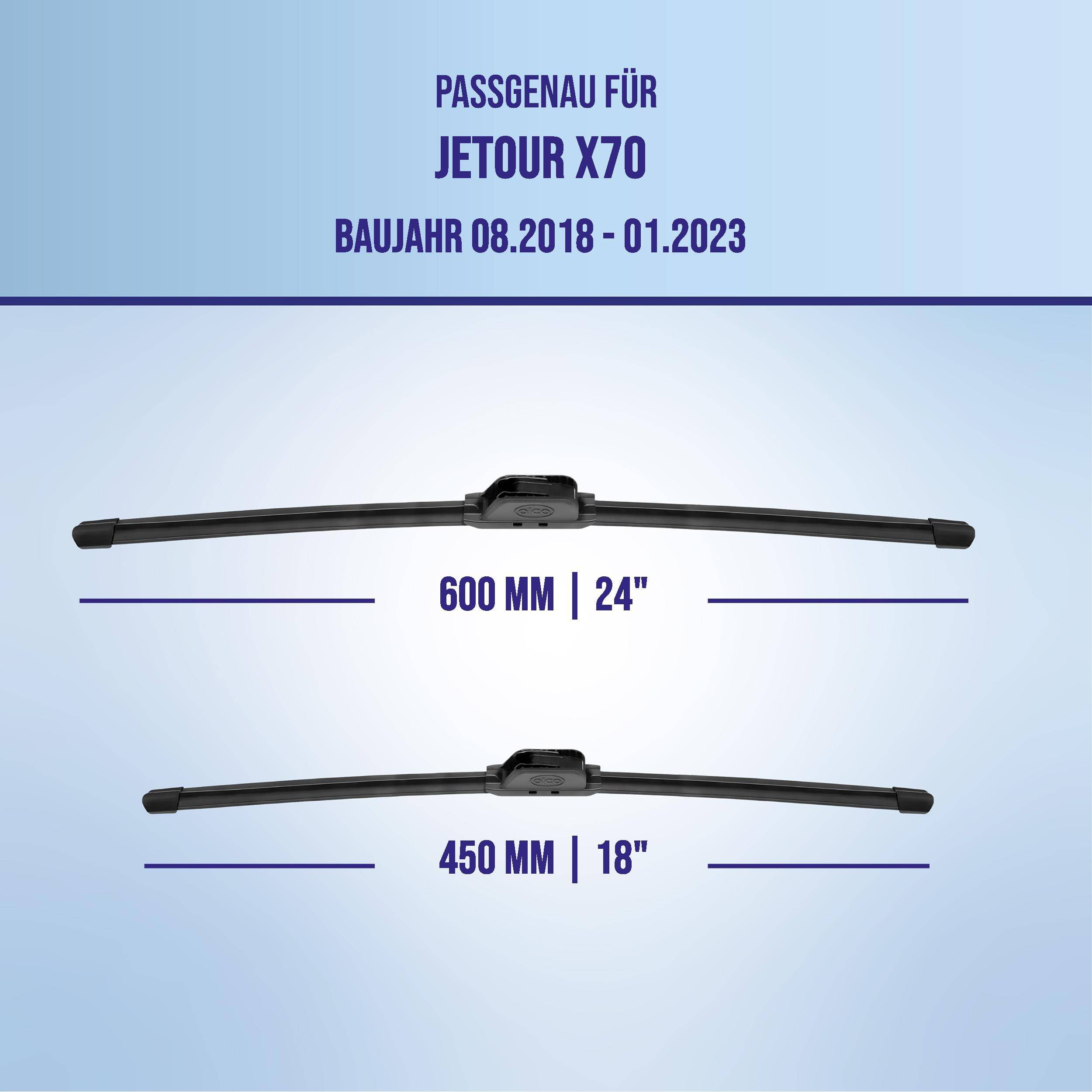 Kompatibilitätsgrafik mit Wischblättern für das Jetour X70 Modell Baujahre 08.2018-01.2023: 600 mm (24') und 450 mm (18').