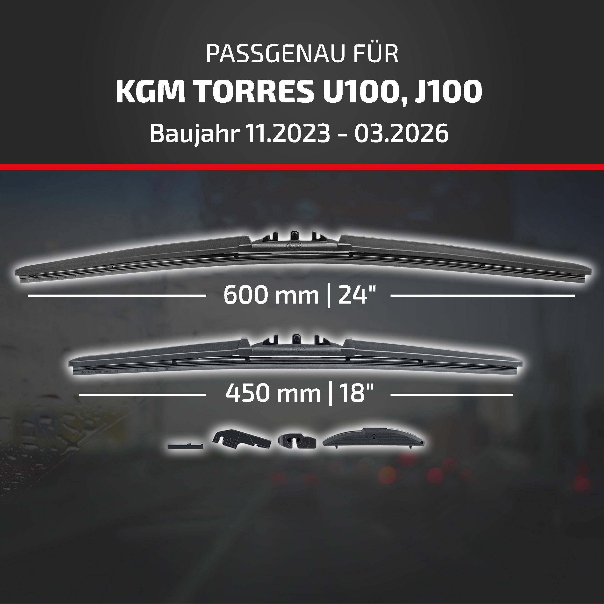 Scheibenwischer-Passführer für KGM Torres U100/J100, Modelljahre 11.2023-03.2026, zeigt Größen 600 mm (24