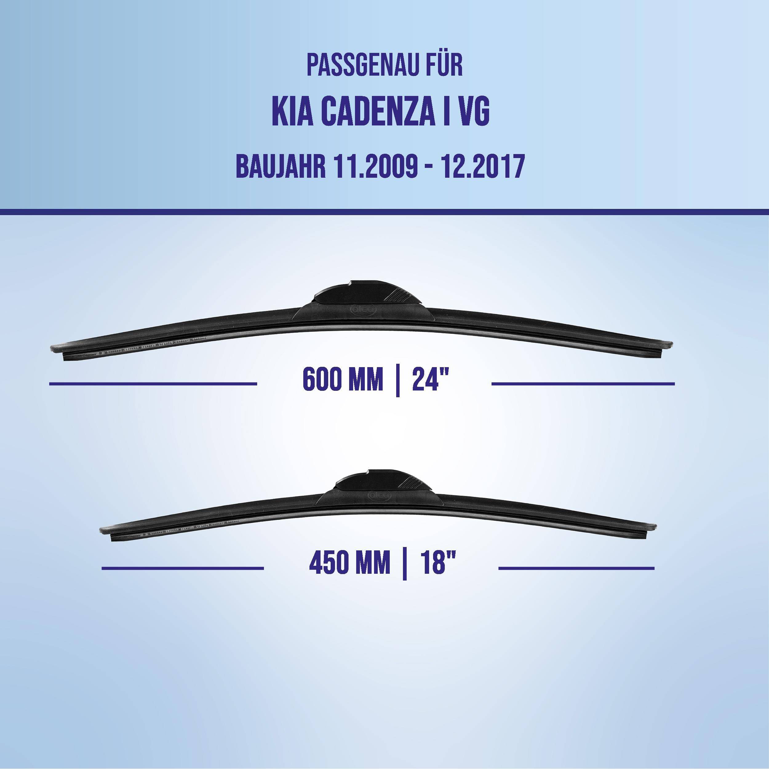 Grafik zeigt die Scheibenwischer-Kompatibilität für Kia Cadenza I VG, Modelljahre 11.2009–12.2017, mit Größen 600 mm (24