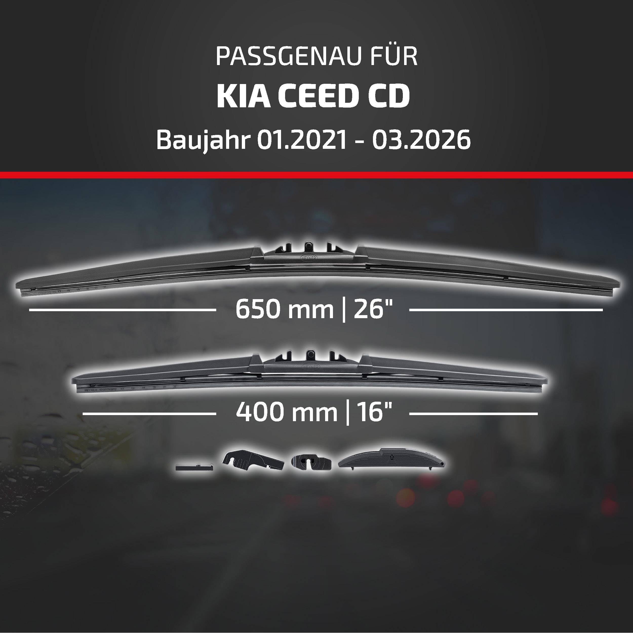 Grafik zeigt Scheibenwischerblattgrößen für Kia Ceed CD, Modelljahre 01.2021-03.2026: 650 mm (26