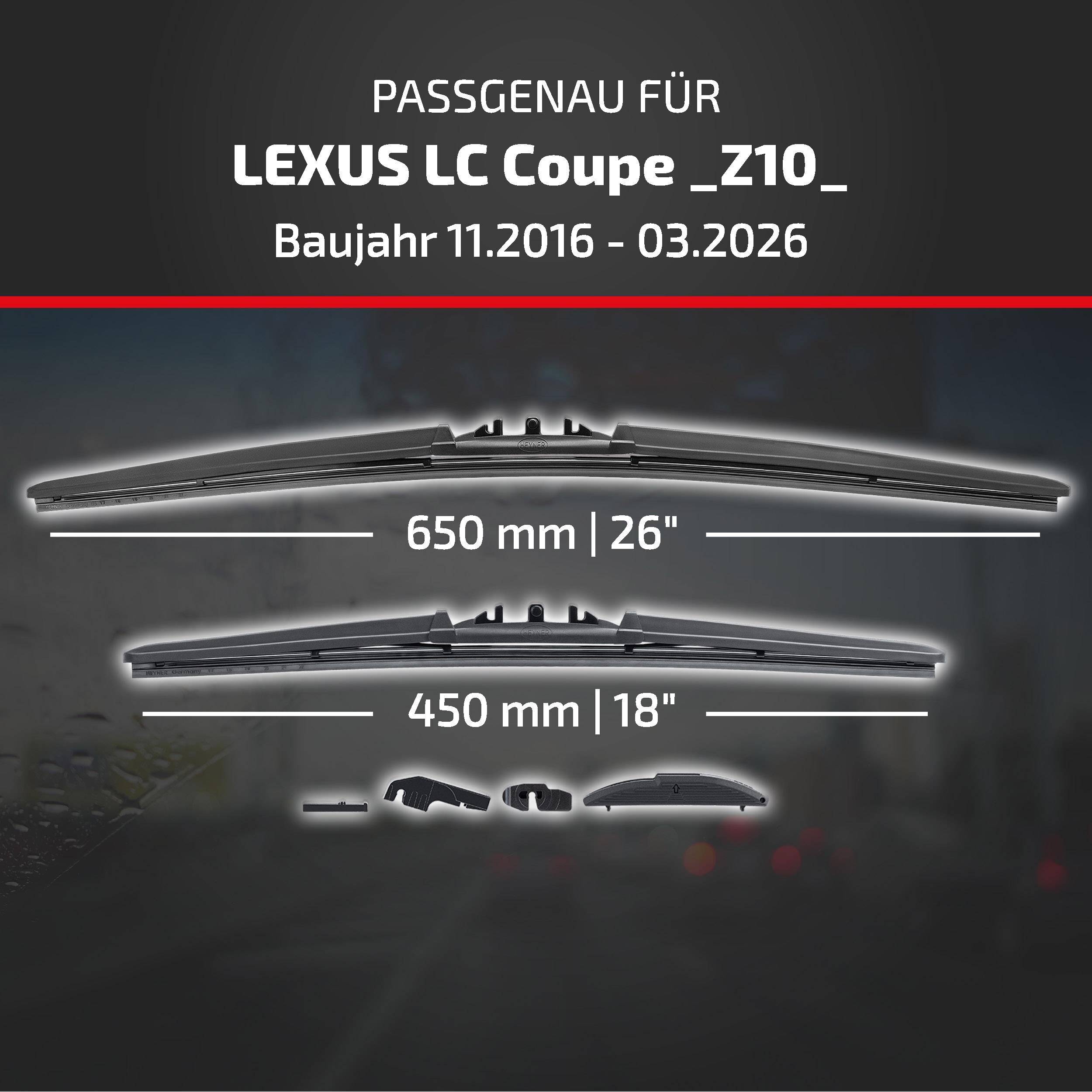 Kompatibilitätsgrafik für Lexus LC Coupe Z10 (11/2016-03/2026) zeigt Wischergröße: 650 mm (26