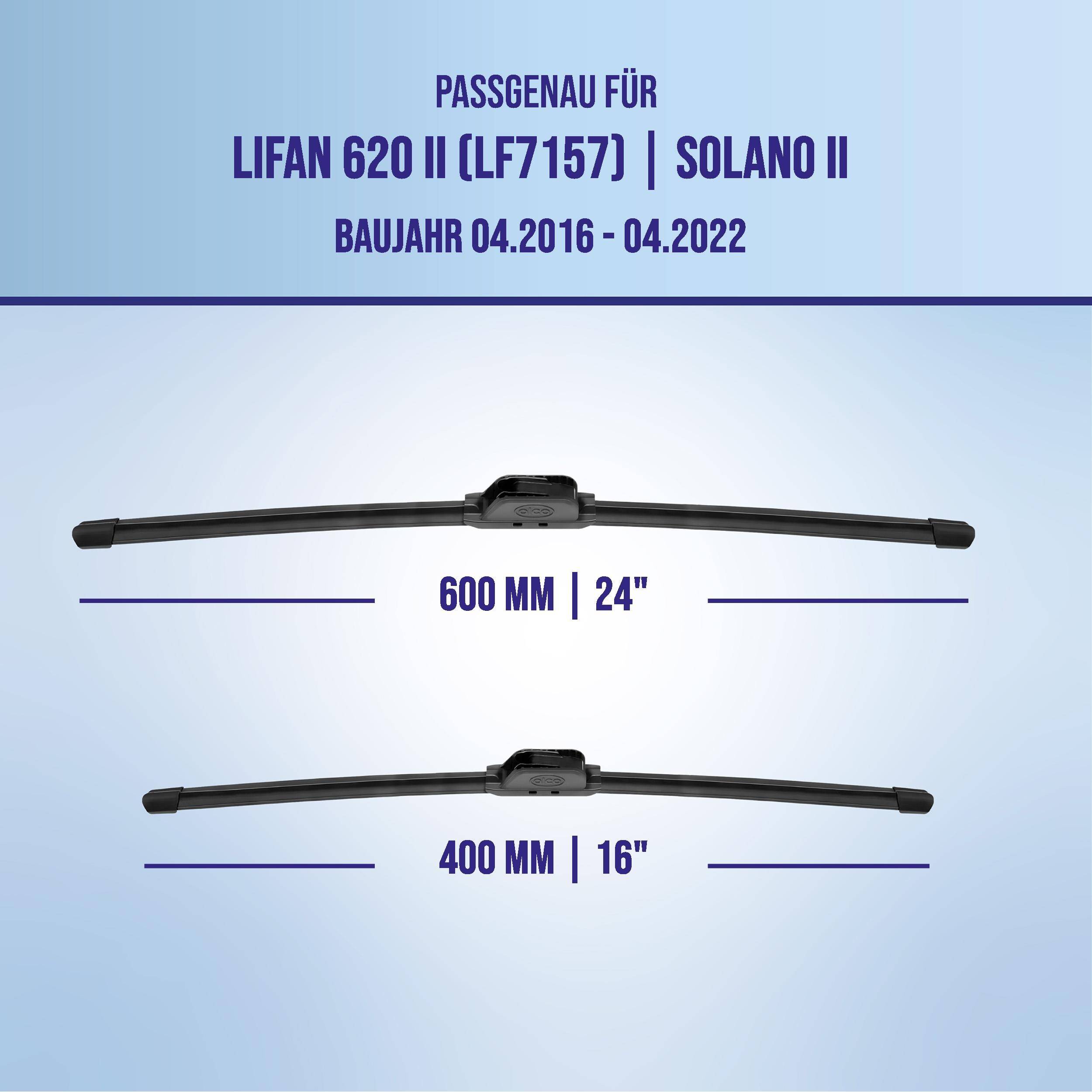 Wischblattkonfiguration für Lifan 620 II und Solano II, Modelljahre 04.2016-04.2022, zeigt zwei Blattgrößen: 600 mm (24