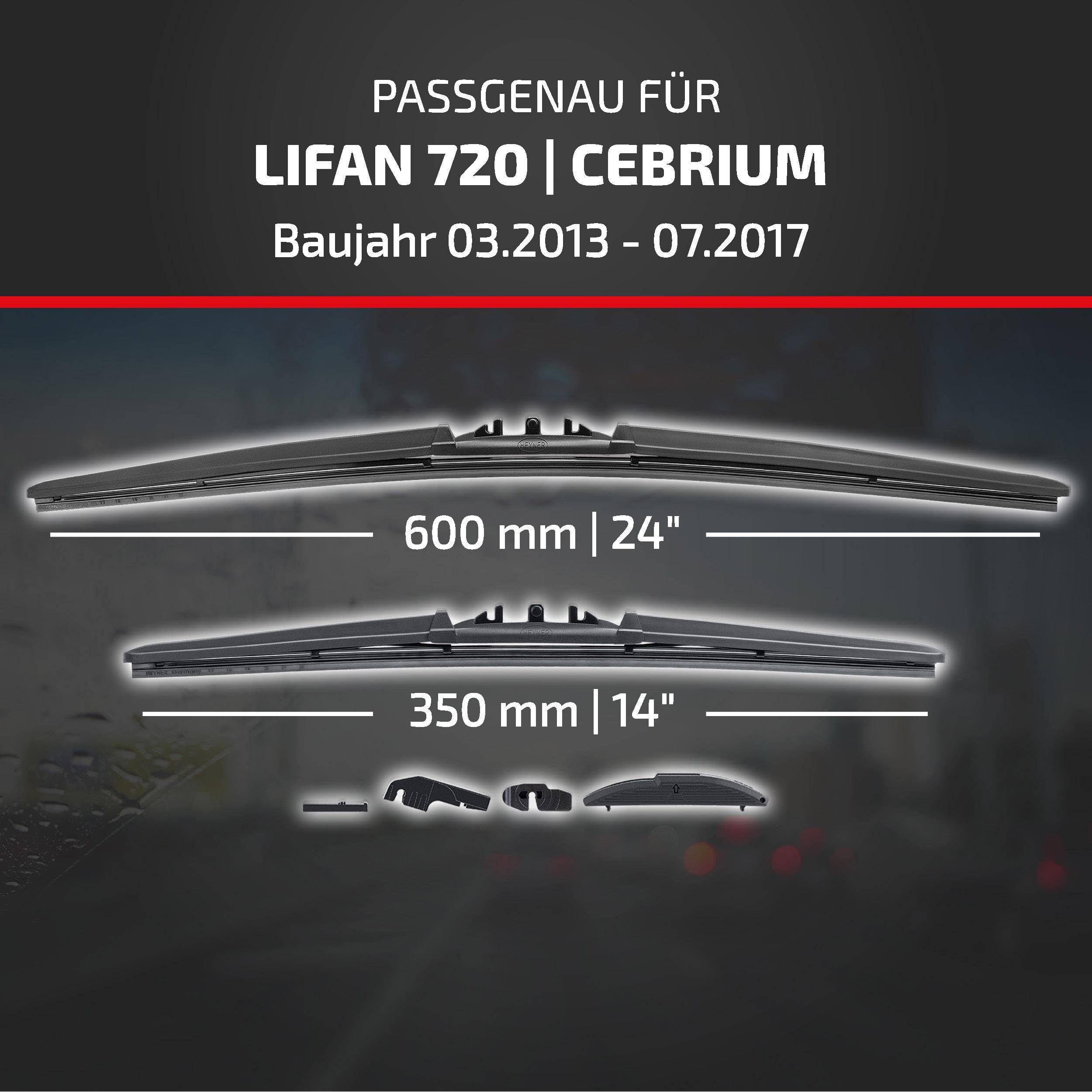 Kompatibilitätsgrafik für Lifan 720/Cebrium-Modelle von 03/2013 bis 07/2017, zeigt Scheibenwischergröße 600 mm (24