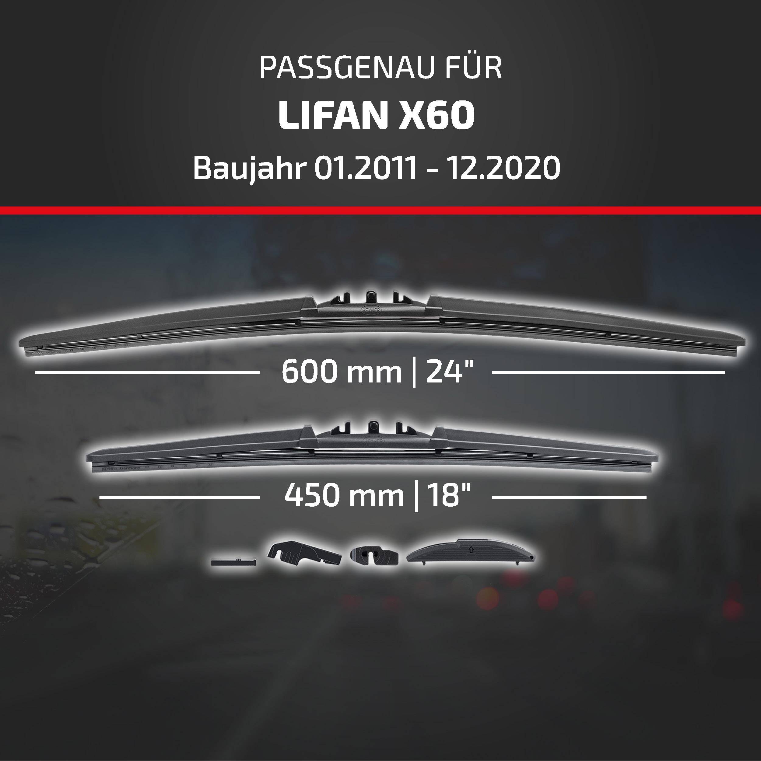 Kompatibilitätsbild für Lifan X60, Modelljahre 01.2011–12.2020, zeigt Wischblattgrößen 600 mm (24