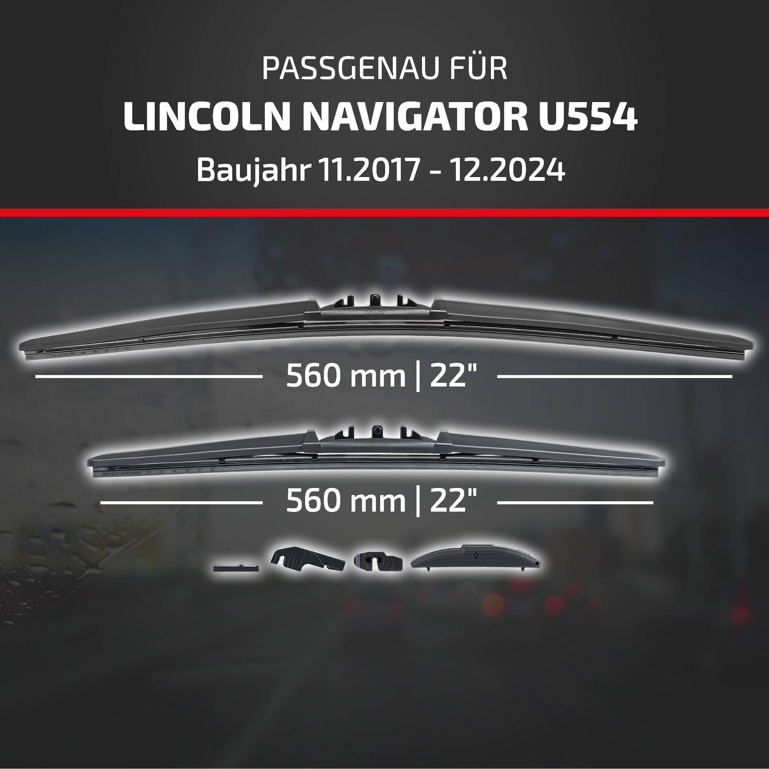 Angebot für Scheibenwischer kompatibel mit Lincoln Navigator U554, Modelljahre 11.2017 bis 12.2024, mit zwei Blättern in den Größen 560 mm/22 Zoll.