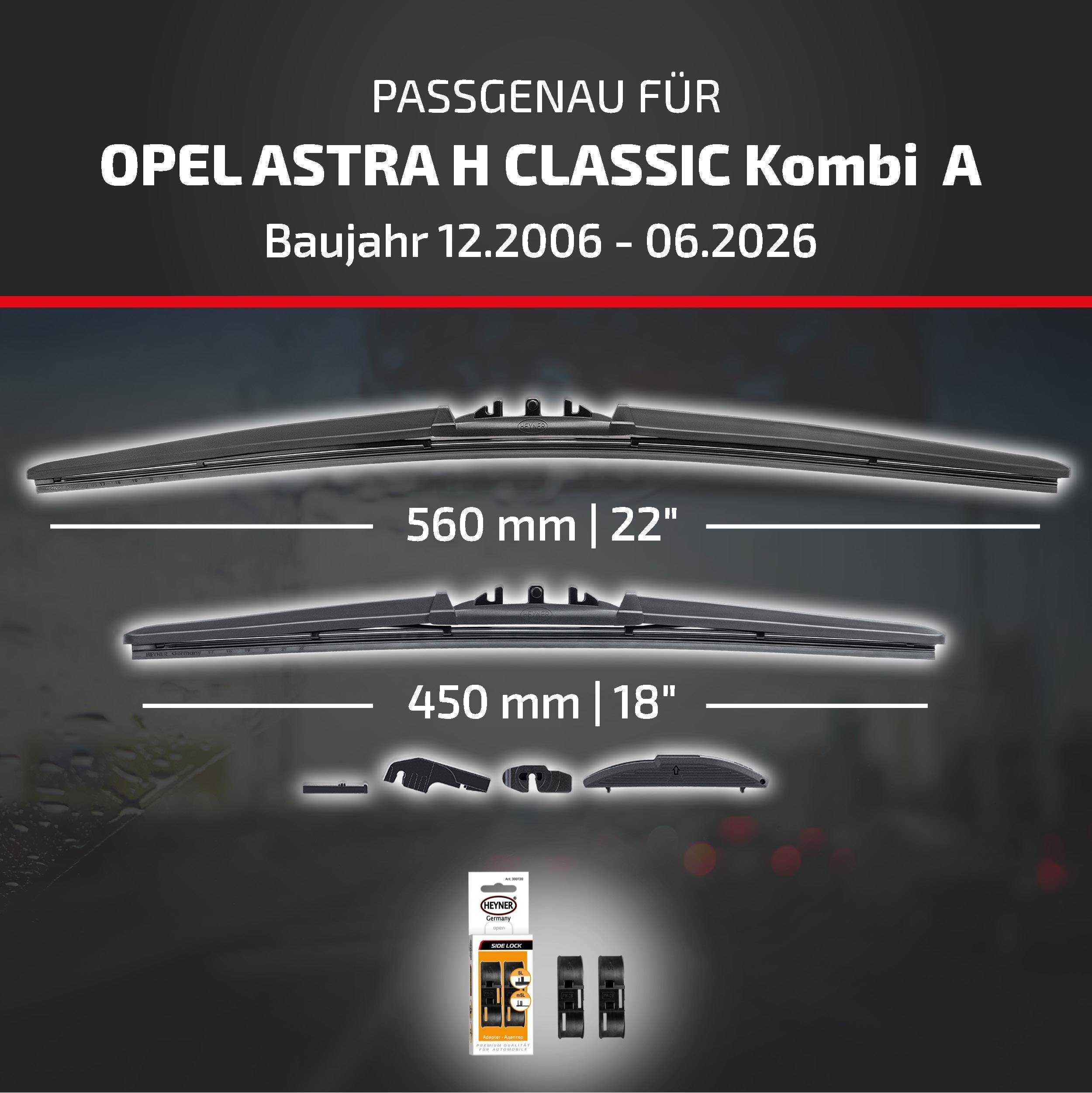 Infografik mit Scheibenwischern, die mit dem Opel Astra H Classic Kombi A kompatibel sind, Modelljahre 12.2006-06.2026, mit Größen 560 mm (22