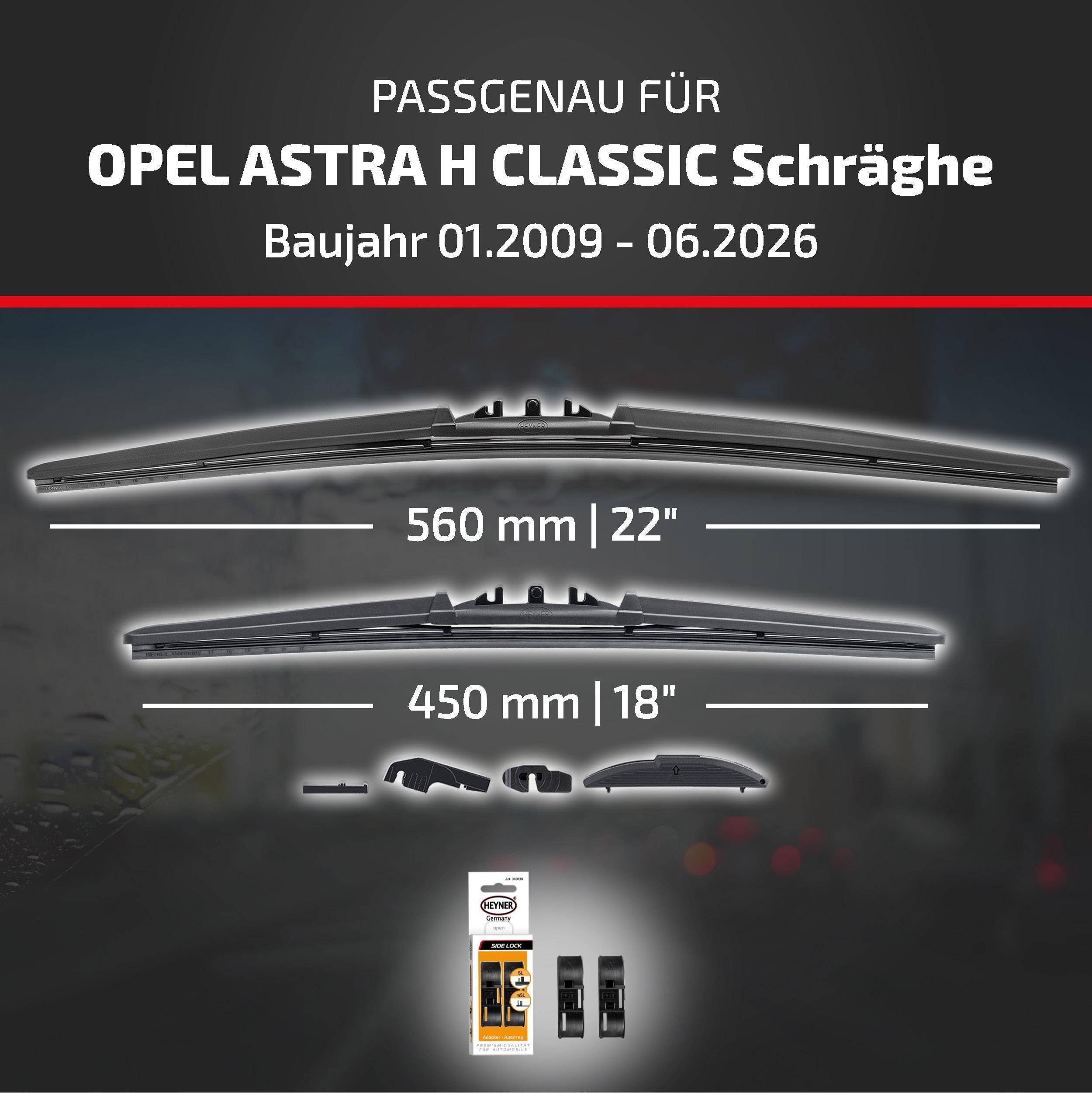 Die Anzeige zeigt Wischblätter, die mit 'Opel Astra H Classic Schrägheck' kompatibel sind, für die Modelljahre 01.2009-06.2026, in den Größen 560 mm/22