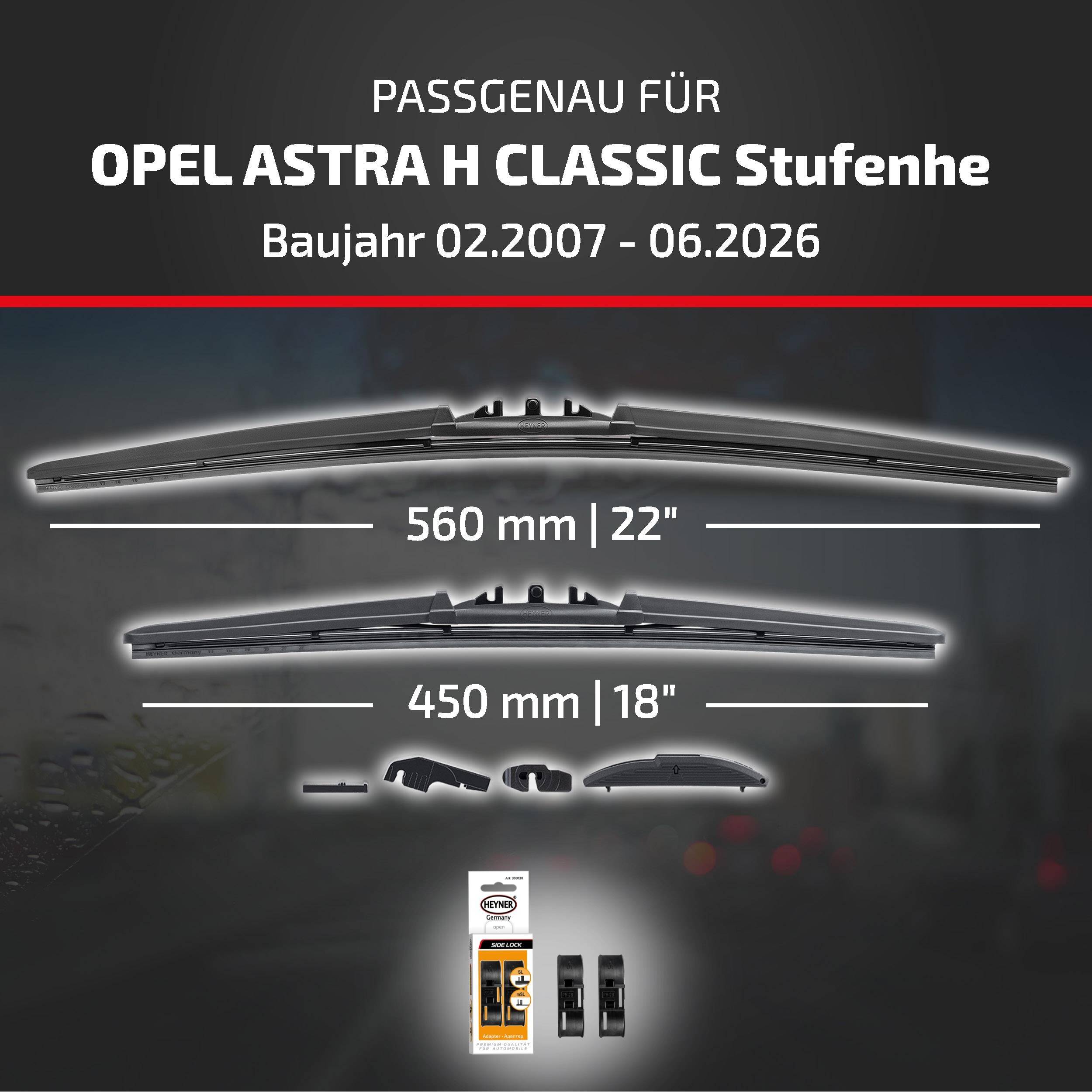 Kompatibilitätsbild für Opel Astra H Classic Limousine, Modelljahre 02.2007-06.2026, zeigt Scheibenwischergröße 560 mm (22