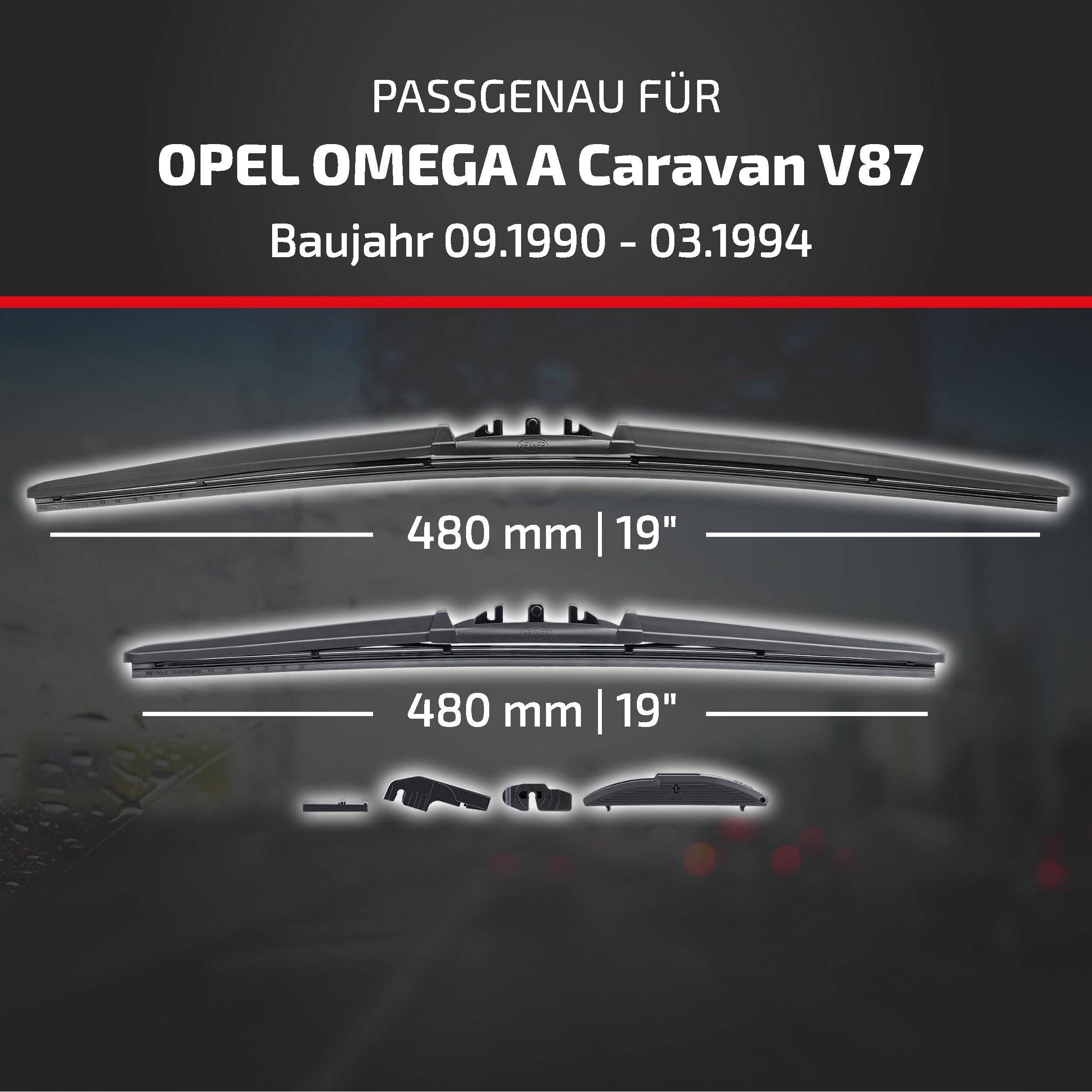 Produktgrafik, die Wischblätter für Opel Omega A Caravan V87, passend für 09.1990-03.1994, beide 480 mm (19