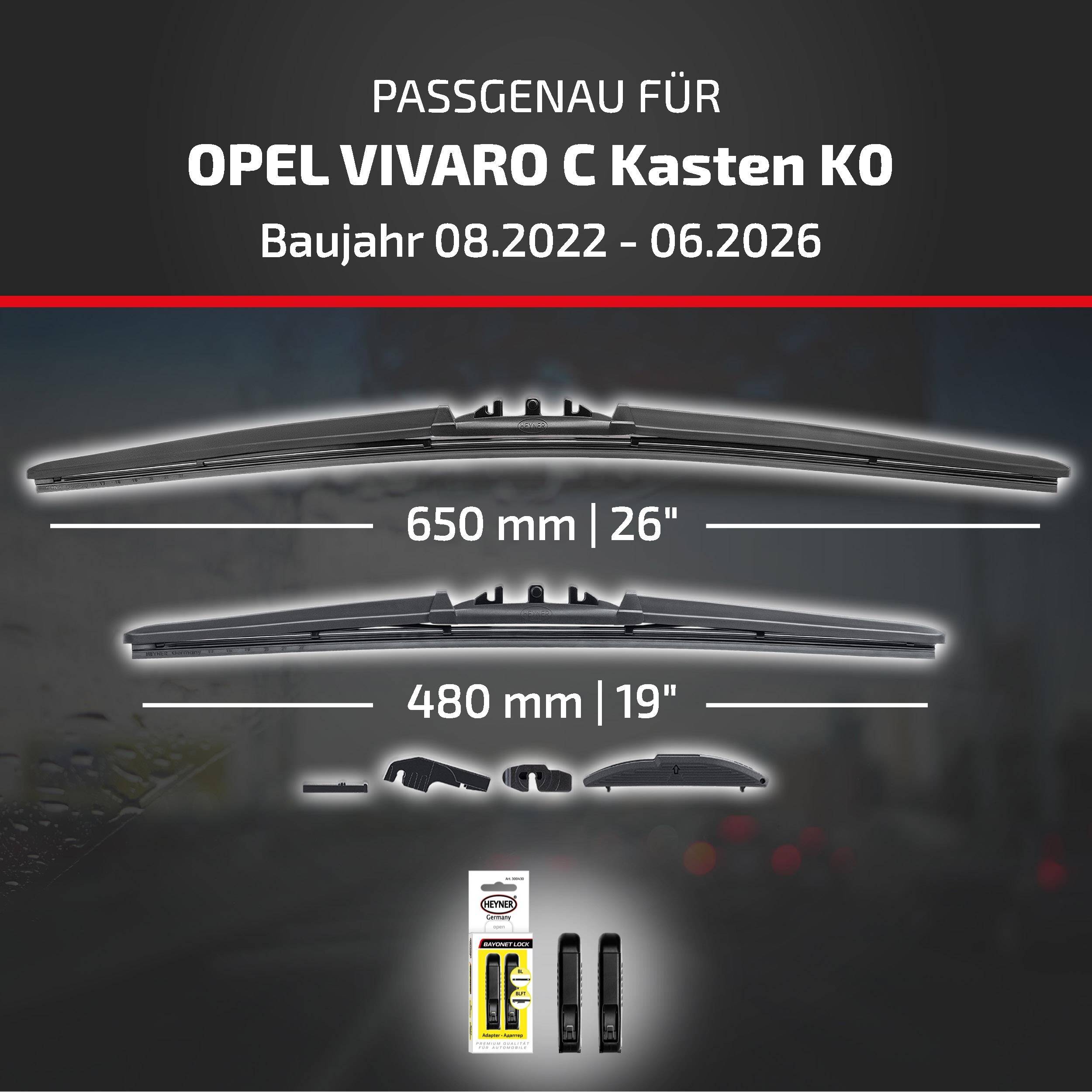 Kompatibilitätsgrafik für Opel Vivaro C Kasten K0, Modelljahr 08.2022–06.2026, zeigt Wischergröße: 650 mm (26