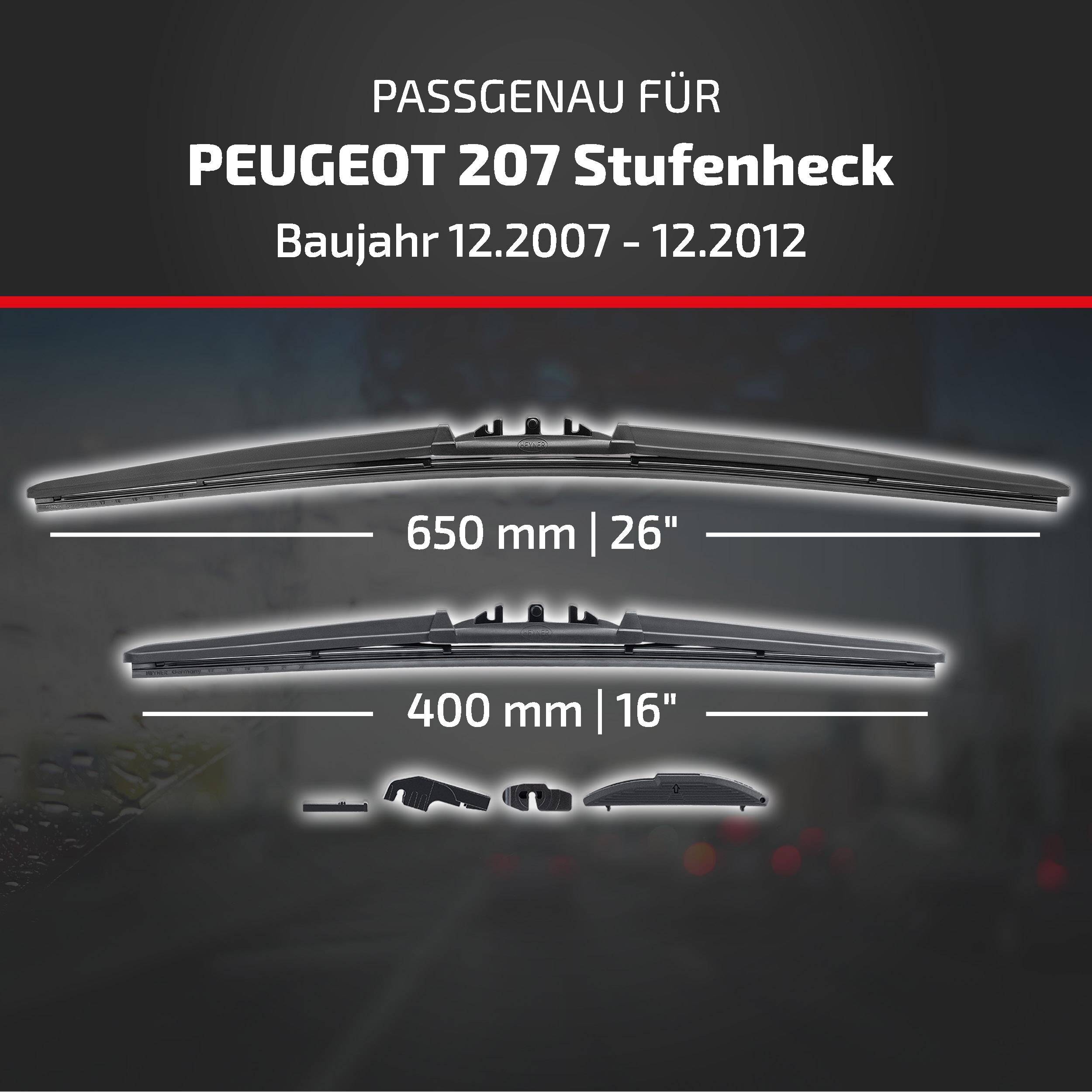 Produktgrafik mit Scheibenwischern, die mit dem Peugeot 207 Schrägheck kompatibel sind, Modelljahre 12/2007-12/2012, in den Größen 650 mm und 400 mm.
