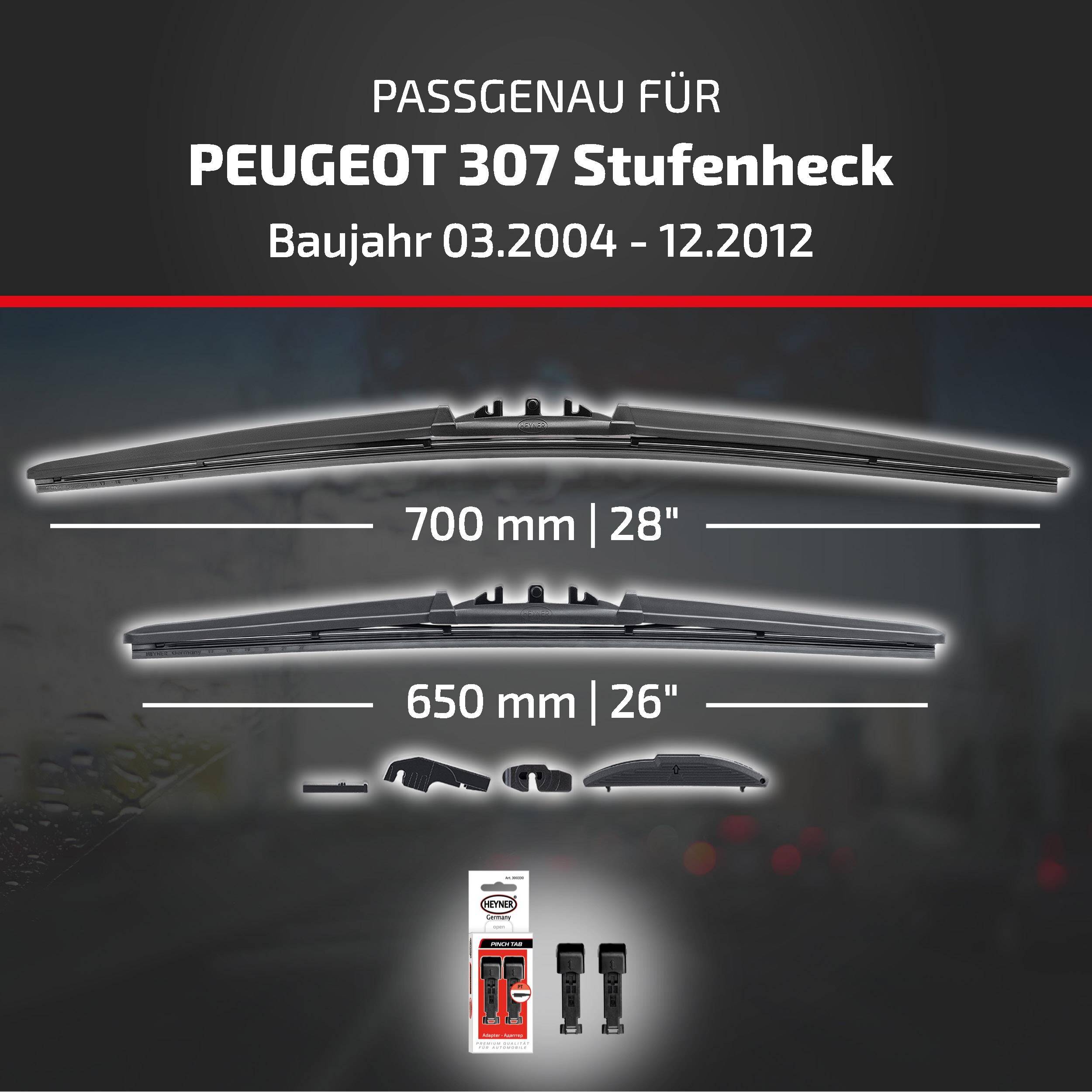Scheibenwischer für Peugeot 307 Schrägheck, Baujahre 03/2004-12/2012, mit Größen 700 mm und 650 mm einschließlich Adapterkits.