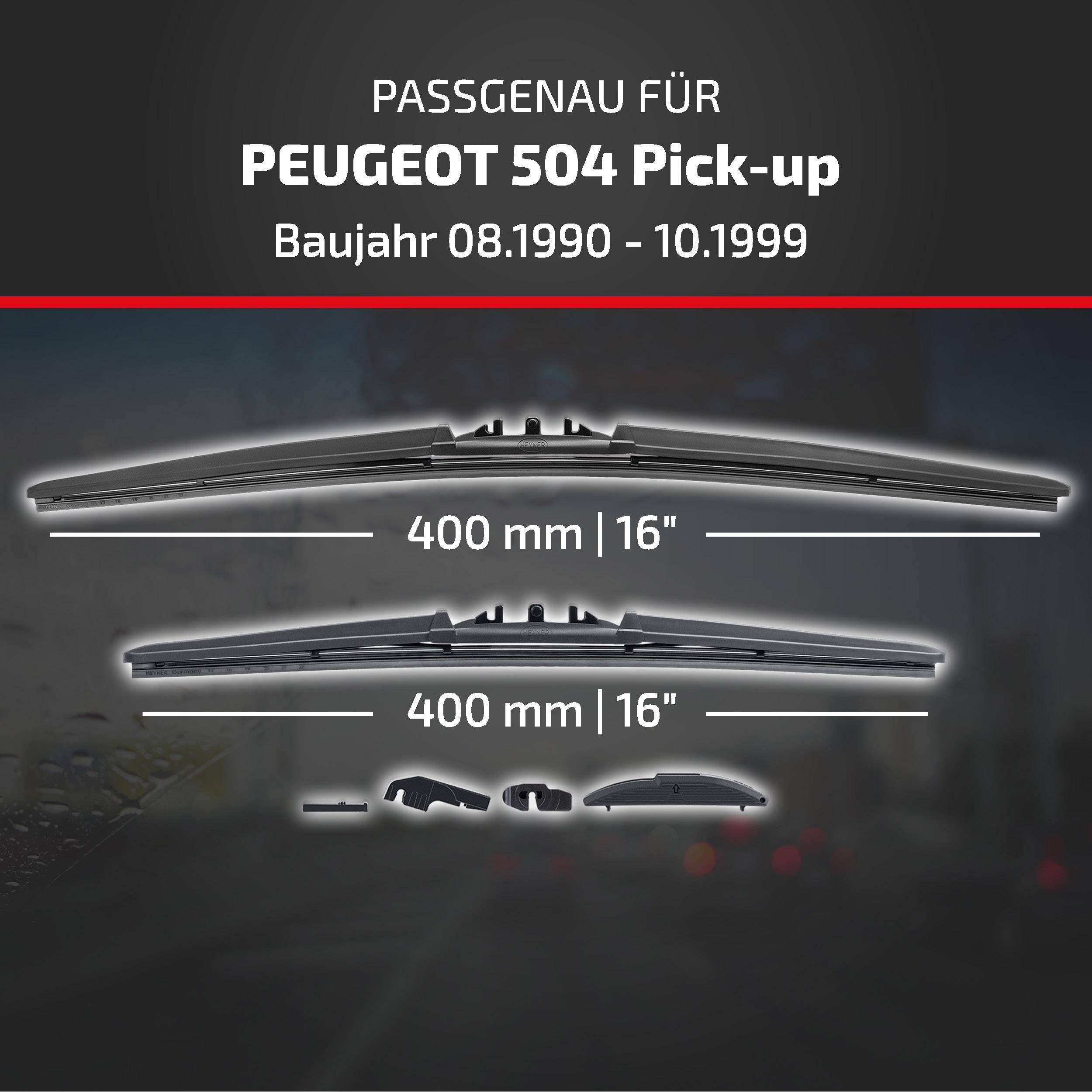 Scheibenwischer-Kompatibilitätsgrafik für Peugeot 504 Pick-up, Modelljahre 08.1990-10.1999, zeigt zwei 400 mm (16