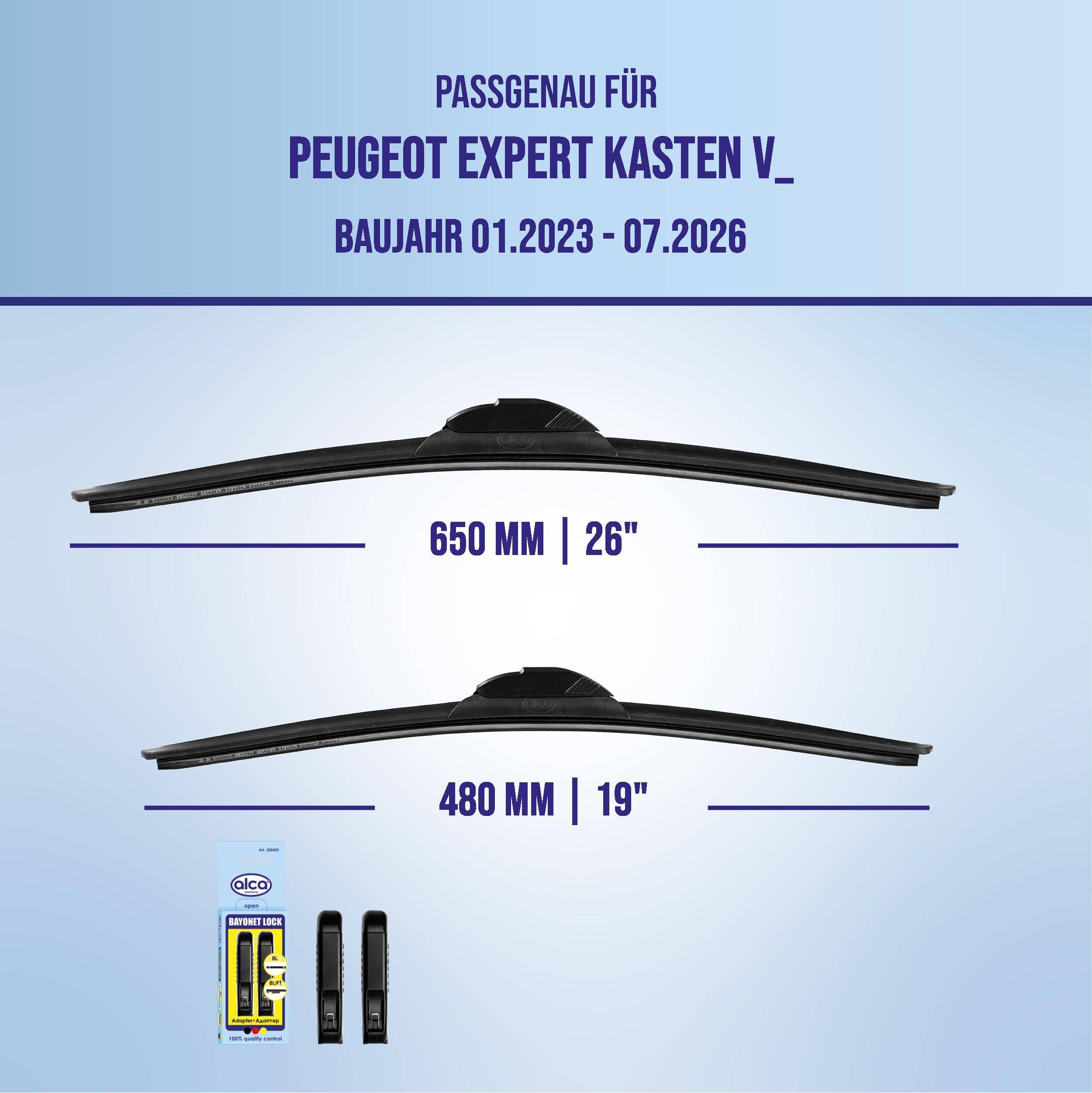 Kompatibilitätsgrafik für Peugeot Expert Kasten V (01.2023–07.2026), die zwei Wischblattstutzgrößen zeigt: 650 mm/26
