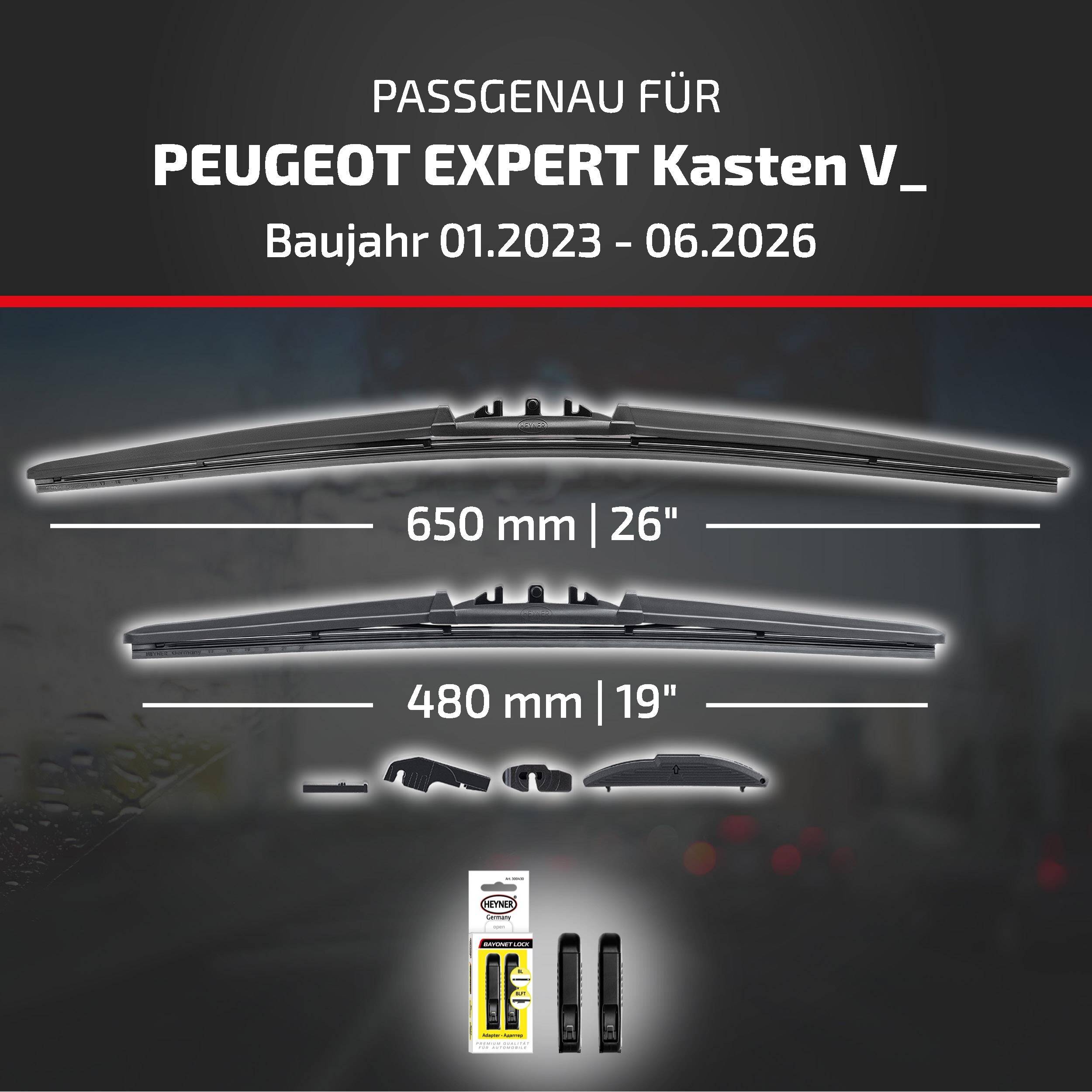 HEYNER® Scheibenwischer für PEUGEOT EXPERT Kasten (01.2023 - 08.2026) HYBRID Flachbalkenwischer