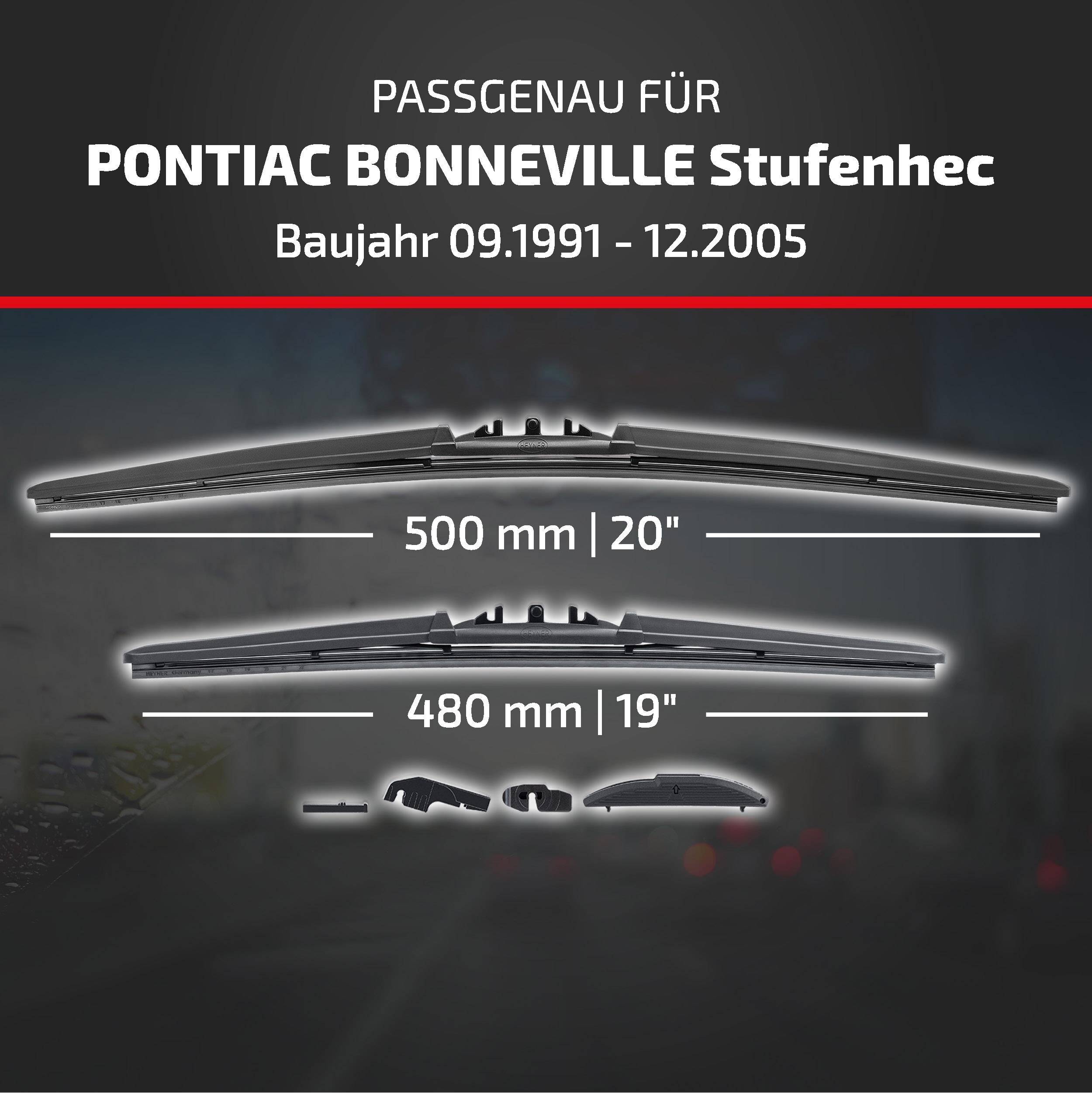 Einbaugrafik für Pontiac Bonneville Limousine, Modelljahre 09/1991-12/2005, zeigt kompatible Wischergröße: 500 mm (20