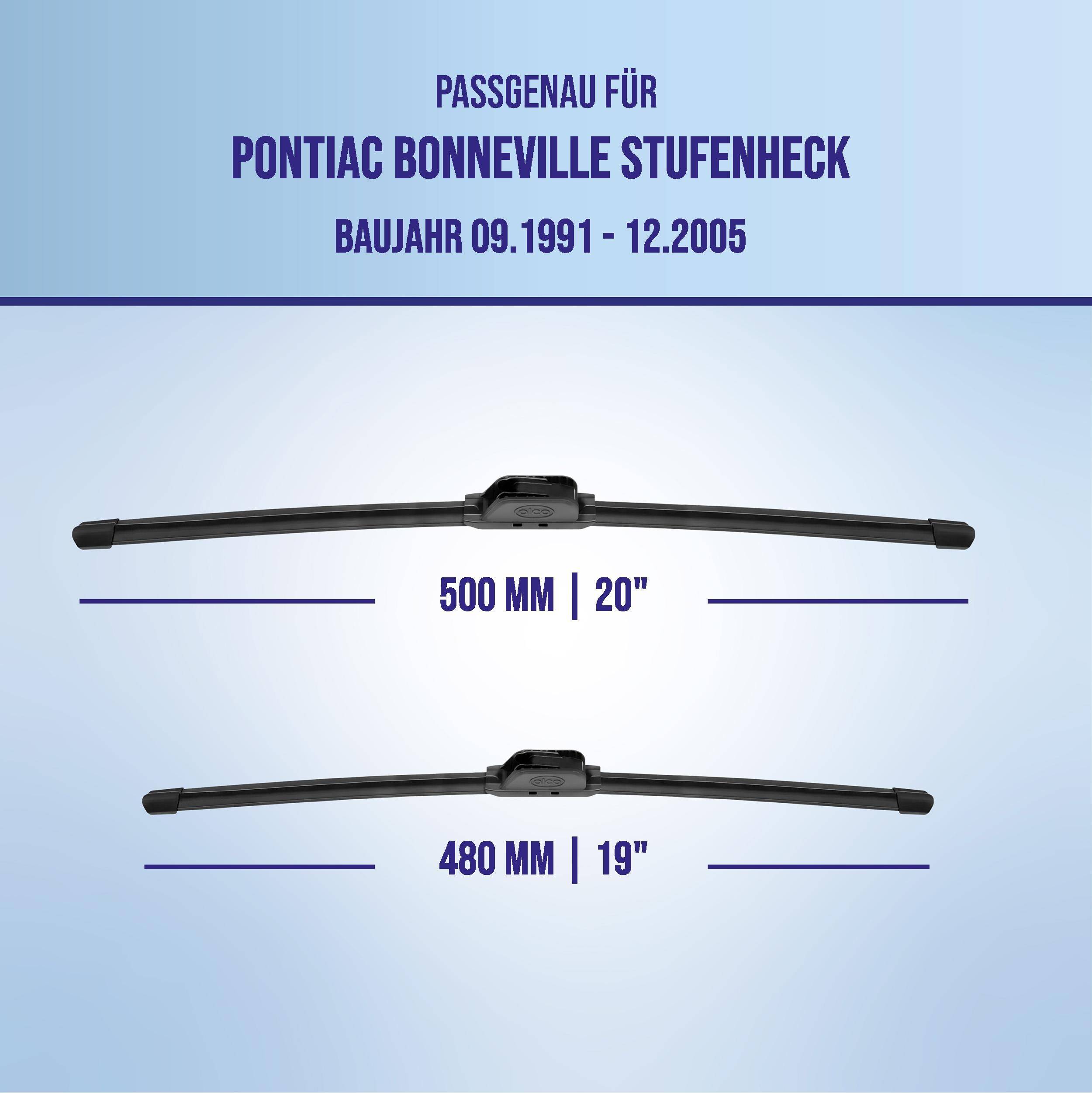 Anpassung von Scheibenwischern für Pontiac Bonneville Stufenheck, Modelljahre 09.1991-12.2005, in den Größen 500 mm (20