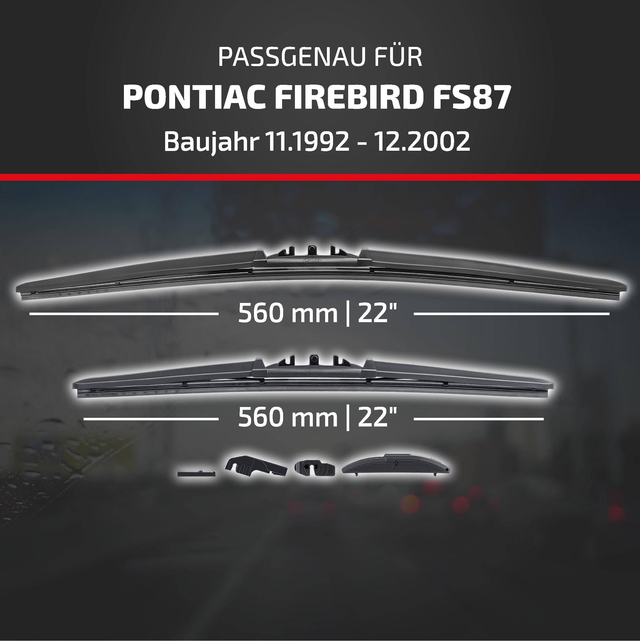 Grafik zur Scheibenwischer-Kompatibilität für Pontiac Firebird FS87, Modelljahre 11/1992–12/2002, zeigt zwei 560-mm-Scheibenwischer (22 Zoll) und Adapterbauteile.
