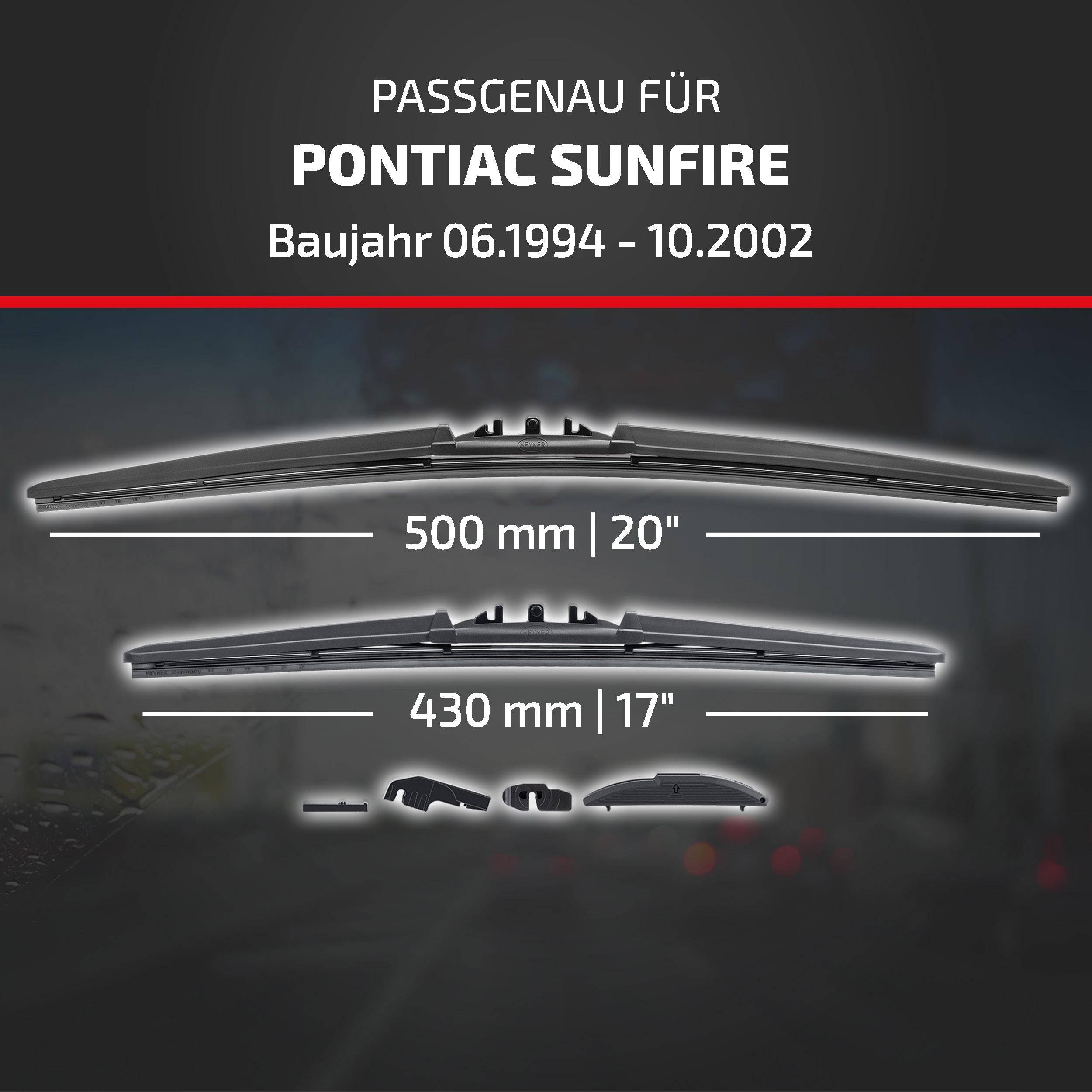 Kompatibilitätsgrafik für Pontiac Sunfire, Modelljahre 06/1994–10/2002, mit empfohlenen Scheibenwischergröße: 500 mm (20