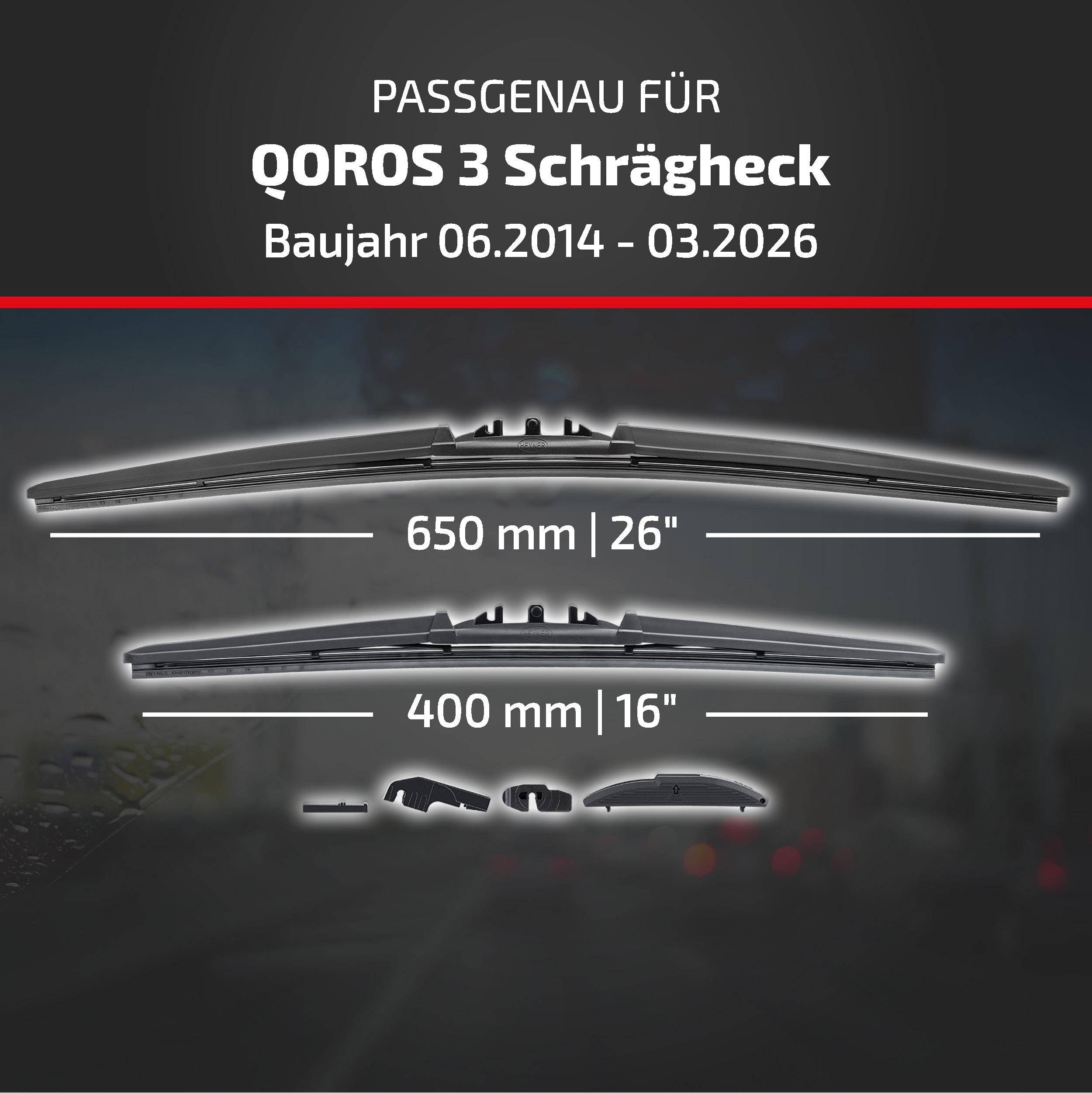 HEYNER® Scheibenwischer für QOROS 3 Schrägheck (06.2014 - 08.2026) HYBRID Flachbalkenwischer