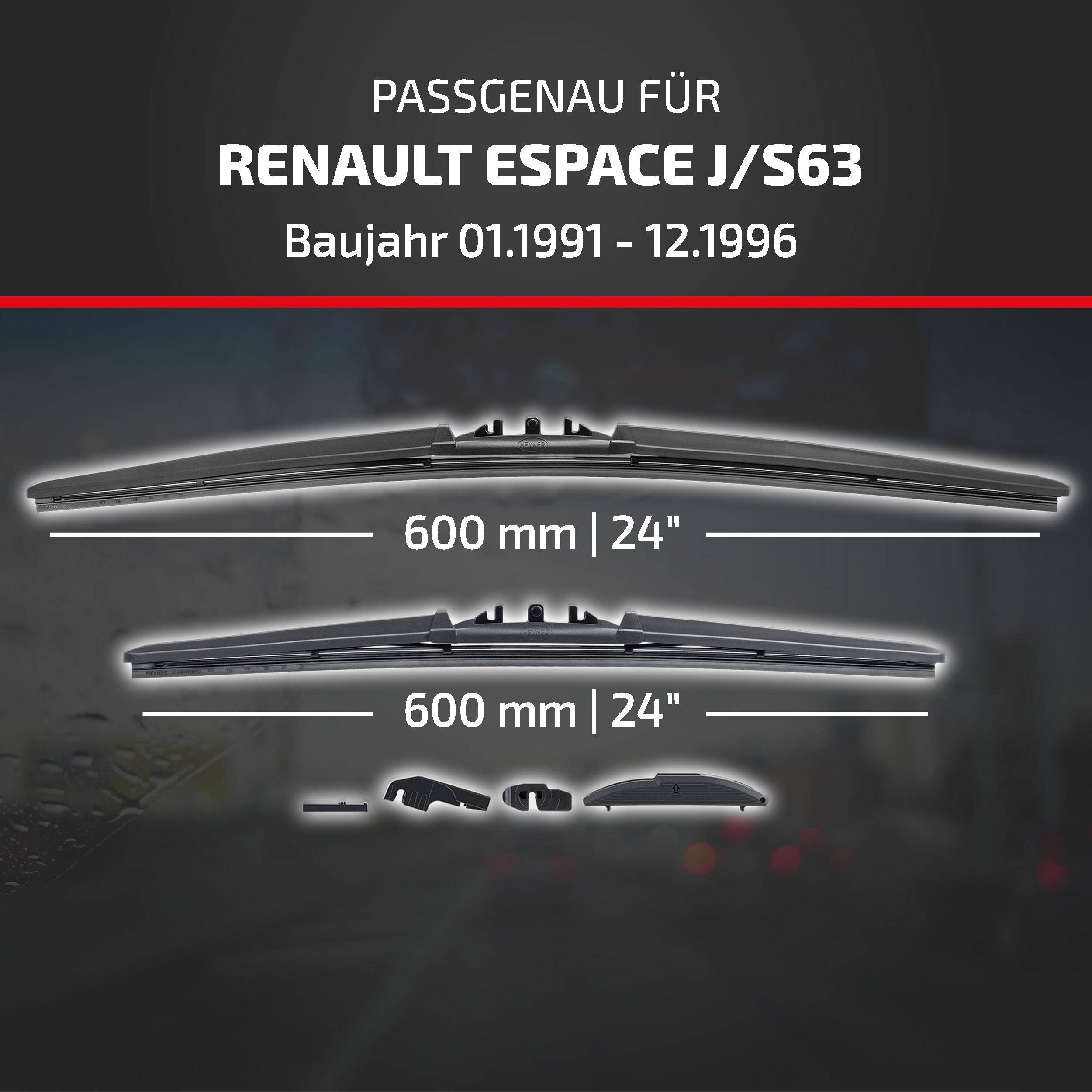 Produktgrafik mit Scheibenwischern für Renault Espace J/S63, Modelljahre 01.1991-12.1996, beide in der Größe 600 mm (24