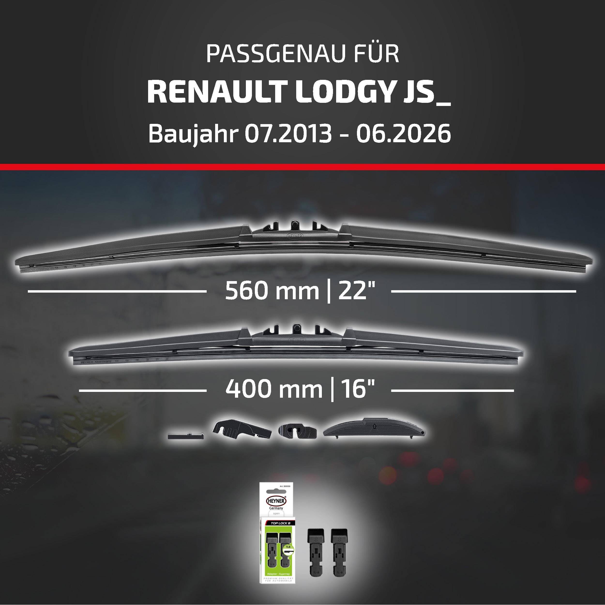 Anzeige für Scheibenwischerblätter kompatibel mit Renault Lodgy JS, Modelljahre 07.2013–06.2026; angezeigte Größen: 560 mm/22