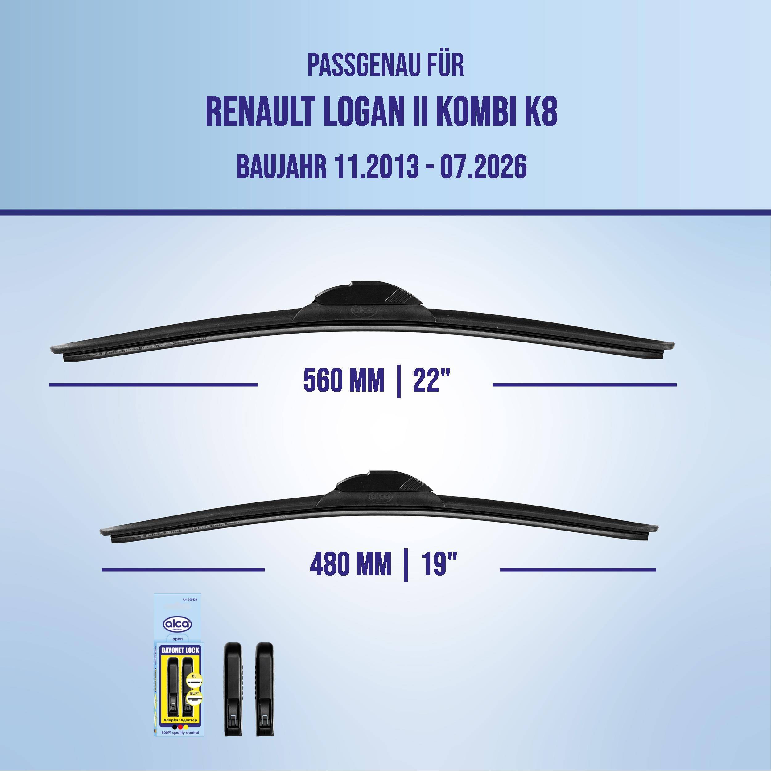 Kompatibilitätstabelle für Renault Logan II Kombi K8, Baujahre 11/2013–07/2026, zeigt Scheibenwischergröße 560 mm (22