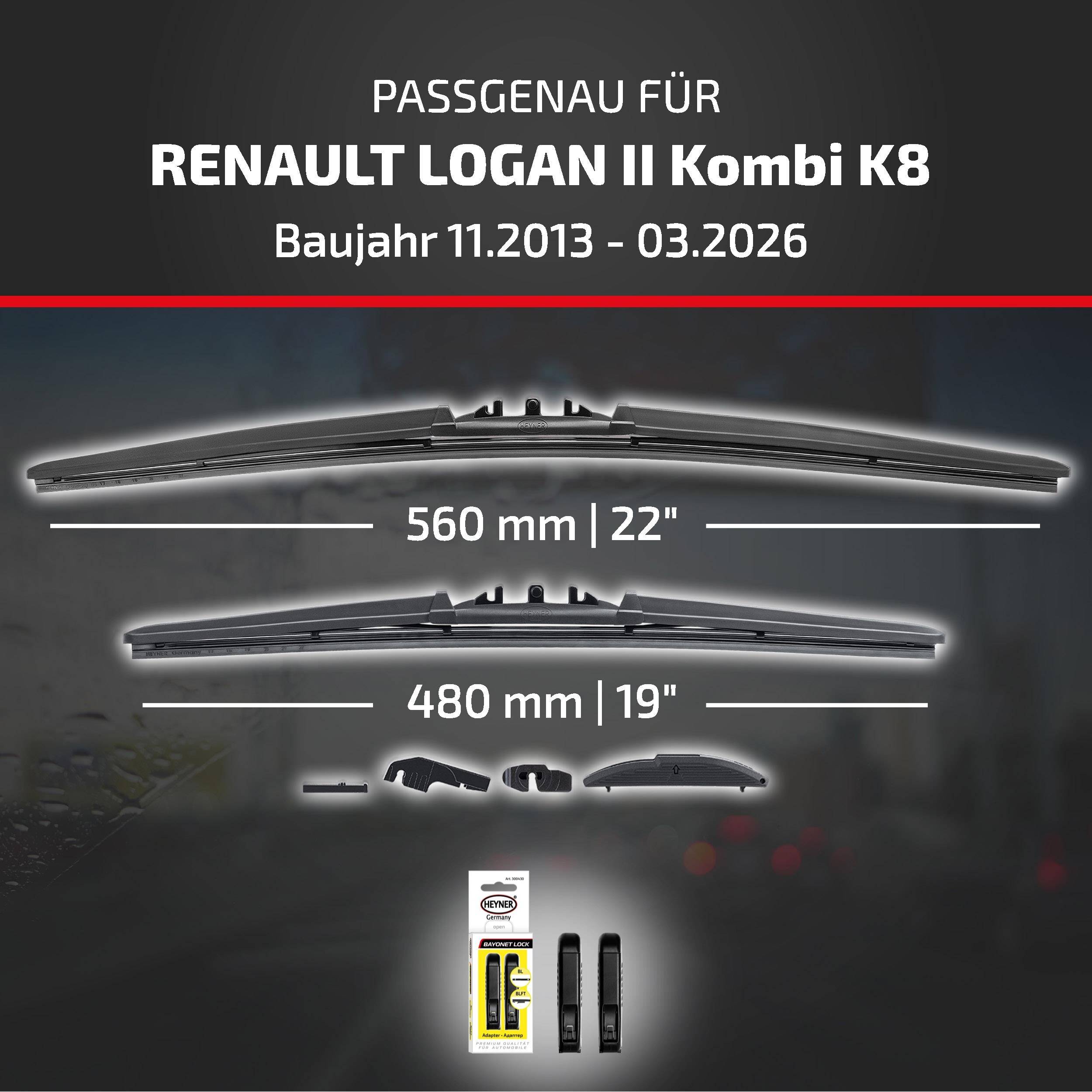 HEYNER® Scheibenwischer komp. mit RENAULT LOGAN II Kombi (11.2013 - 04.2026) HYBRID Flachbalkenwischer