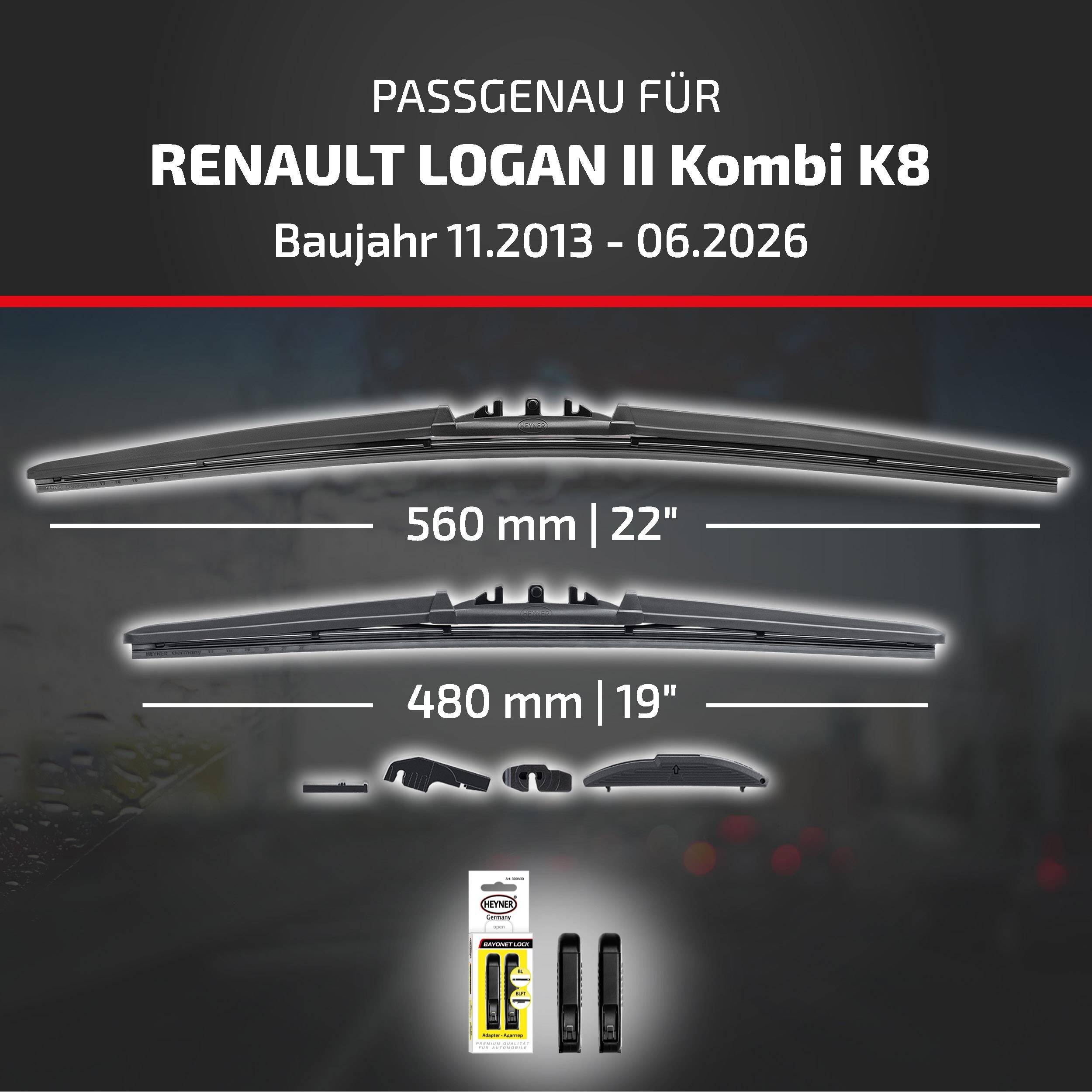 Kompatibilitätsleitfaden für Renault Logan II Kombi K8 (11/2013–06/2026), der Wischergrößen zeigt: 560 mm (22