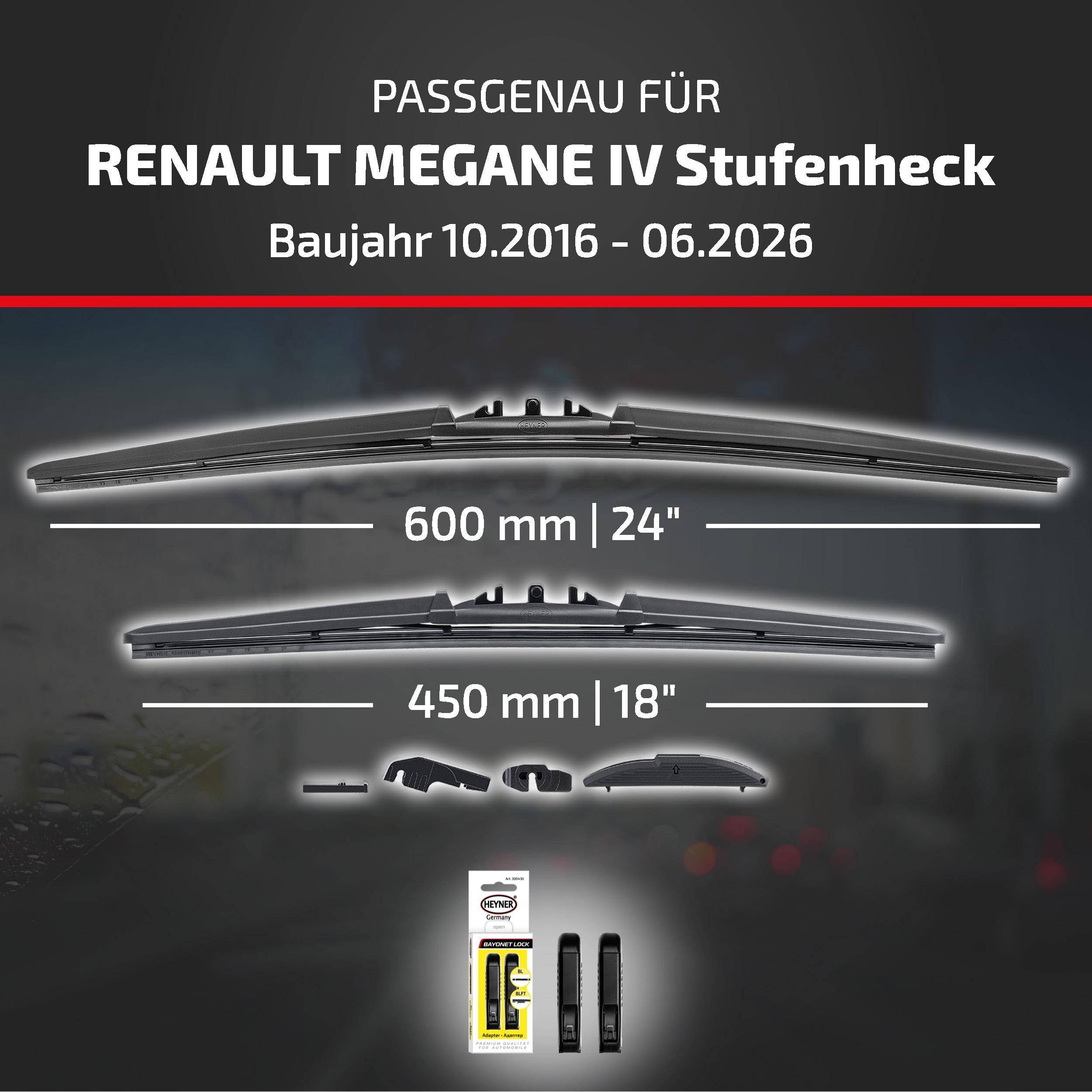 HEYNER® Scheibenwischer für RENAULT MEGANE IV Stufenheck 10.2016 - 08.2026, HYBRID Flachbalkenwischer,
