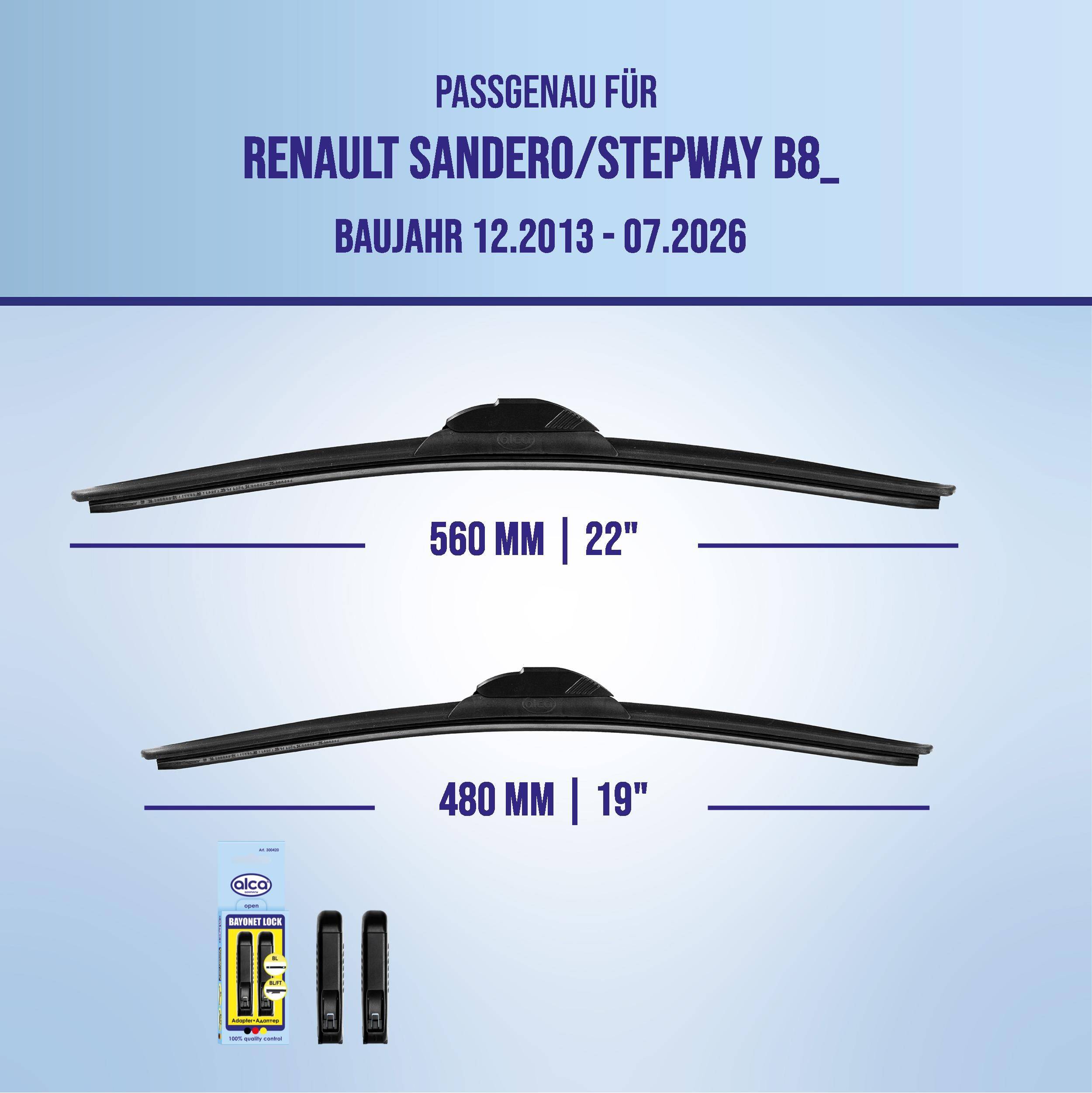 Kompatibilitätsgrafik für Renault Sandero/Stepway B8 (12.2013-07.2026) mit Scheibenwischergröße 560 mm (22
