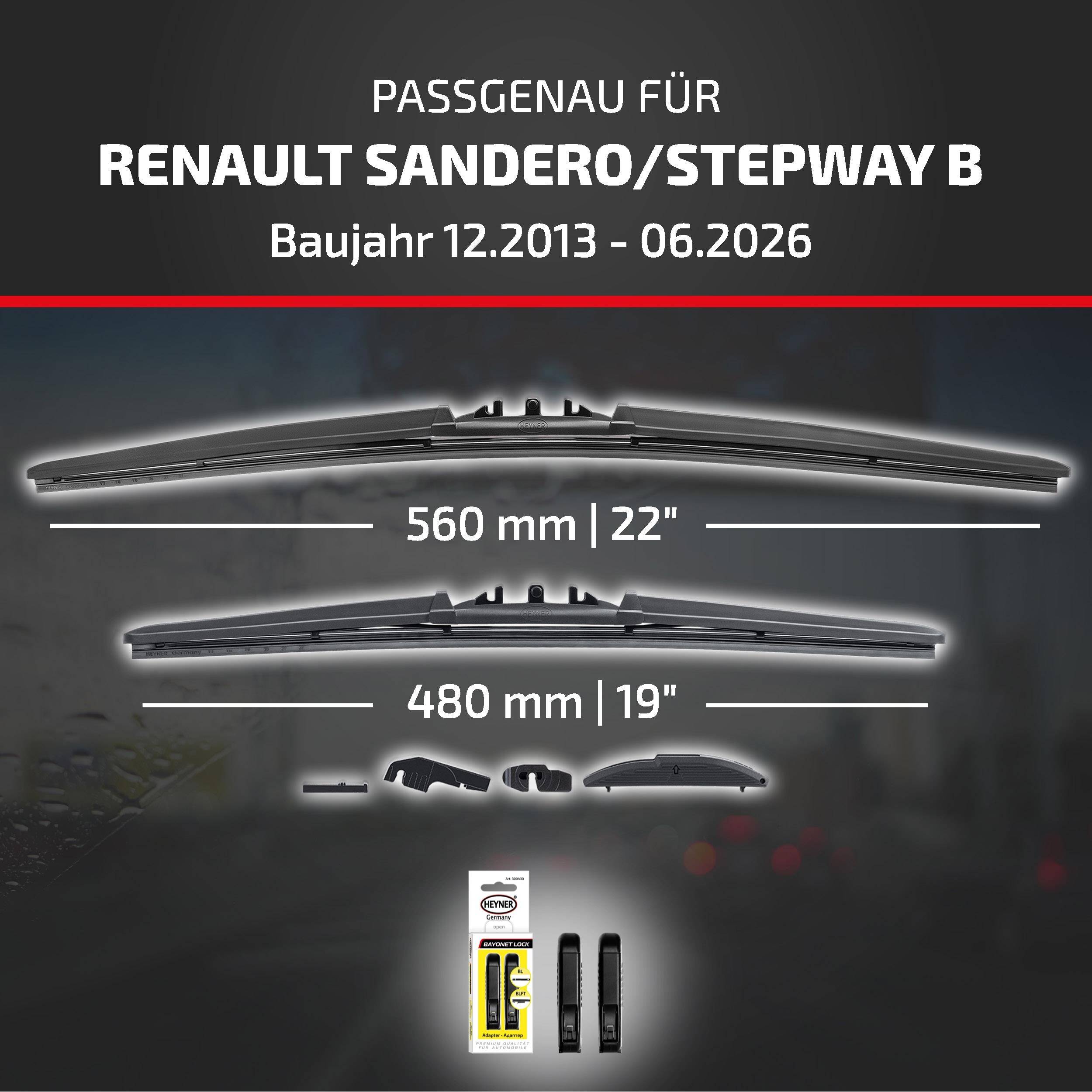Die Anzeige besagt, dass diese Scheibenwischblätter für Renault Sandero/Stepway B, Modelljahre 12/2013 bis 06/2026, in den Größen 560 mm (22