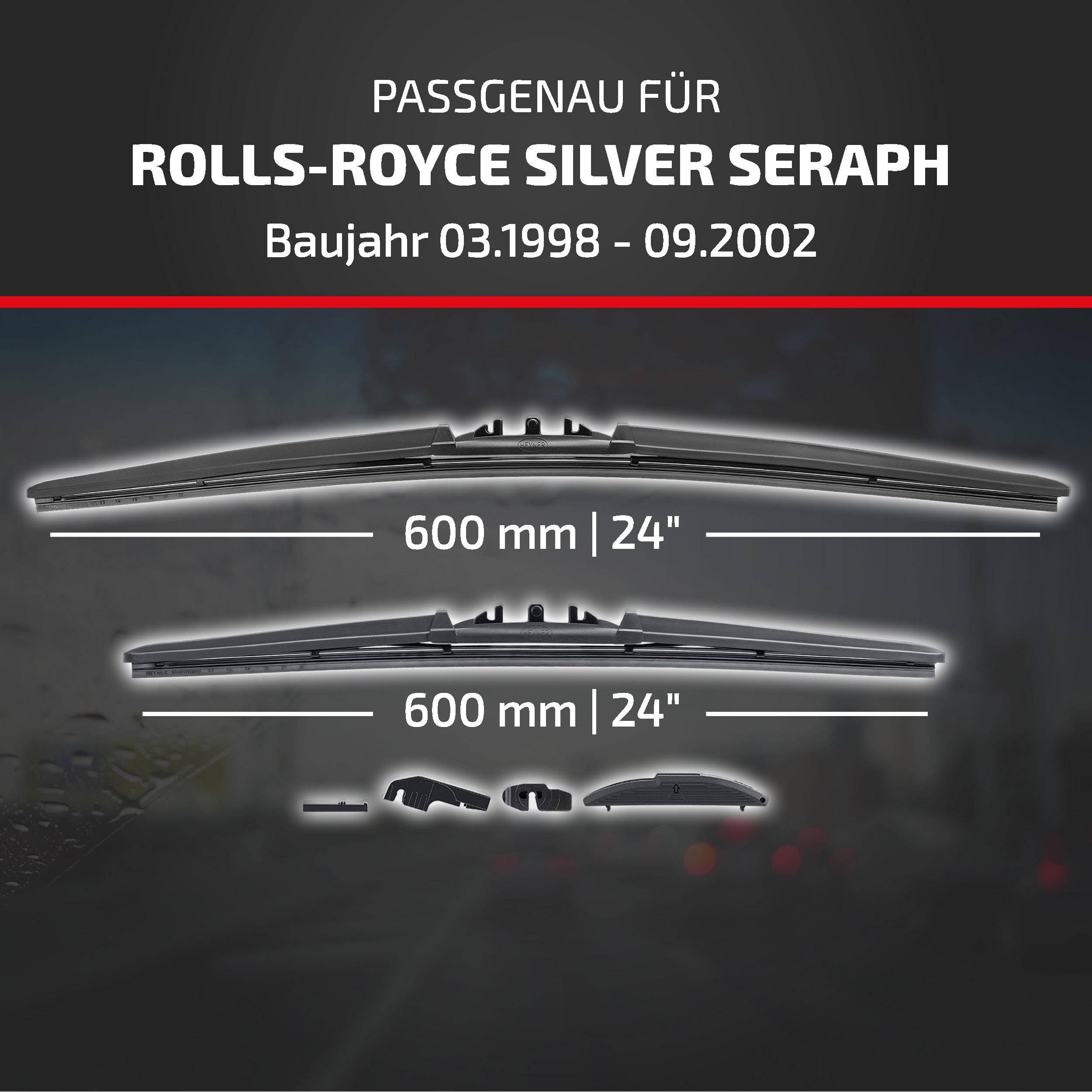 Grafik zeigt kompatible Scheibenwischer für Rolls-Royce Silver Seraph, Modelljahre 03/1998-09/2002, beide 600 mm (24 Zoll) lang.