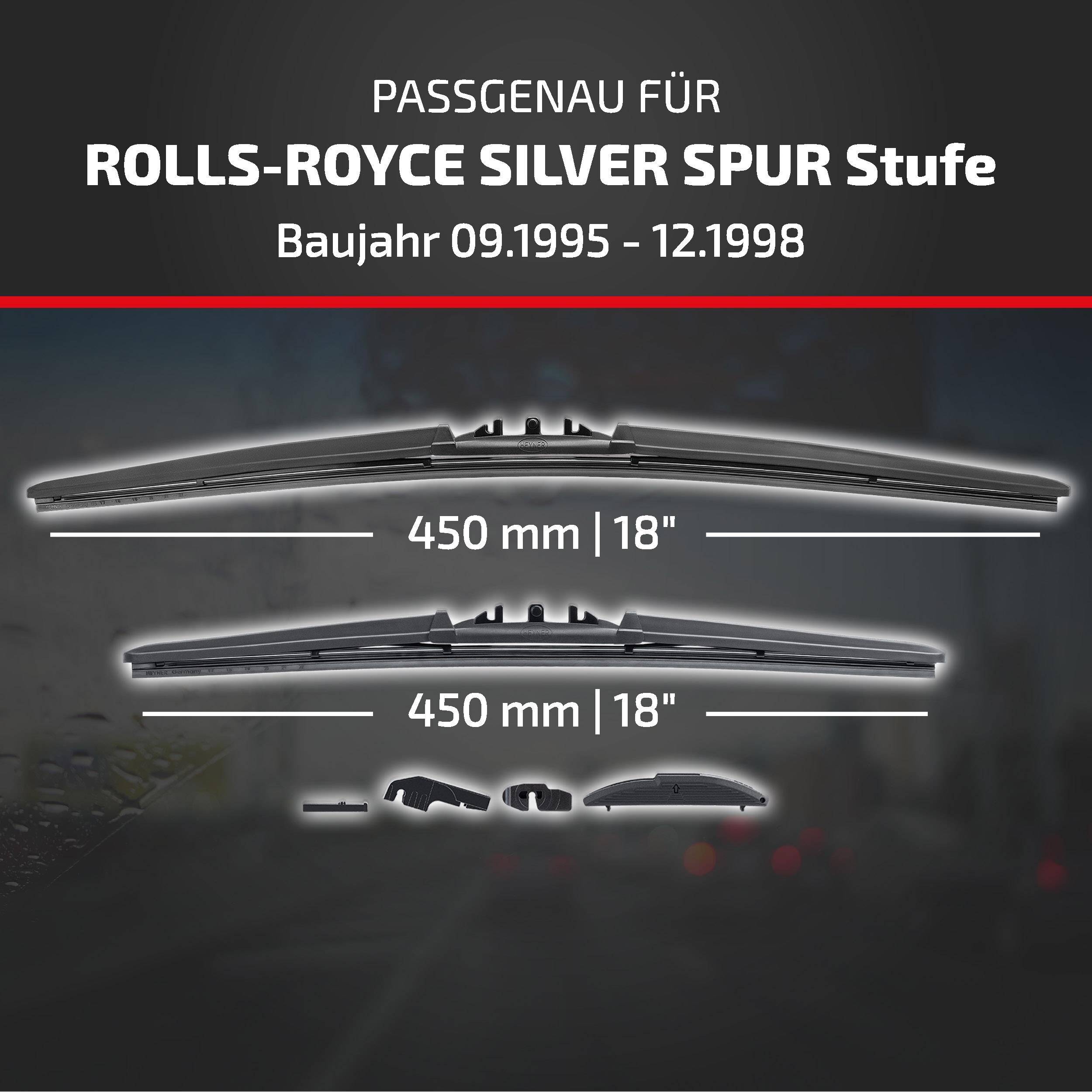 Anzeige für Scheibenwischerblätter kompatibel mit Rolls-Royce Silver Spur II, Modelljahre 09/1995 bis 12/1998, in den Größen 450 mm (18
