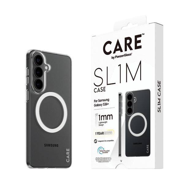 Samsung Handyhülle mit großem kreisförmigem MagSafe-ähnlichem Ring neben ihrer Care Slim Case Einzelhandelsverpackung für Samsung Galaxy S24+, beschriftet mit „1mm