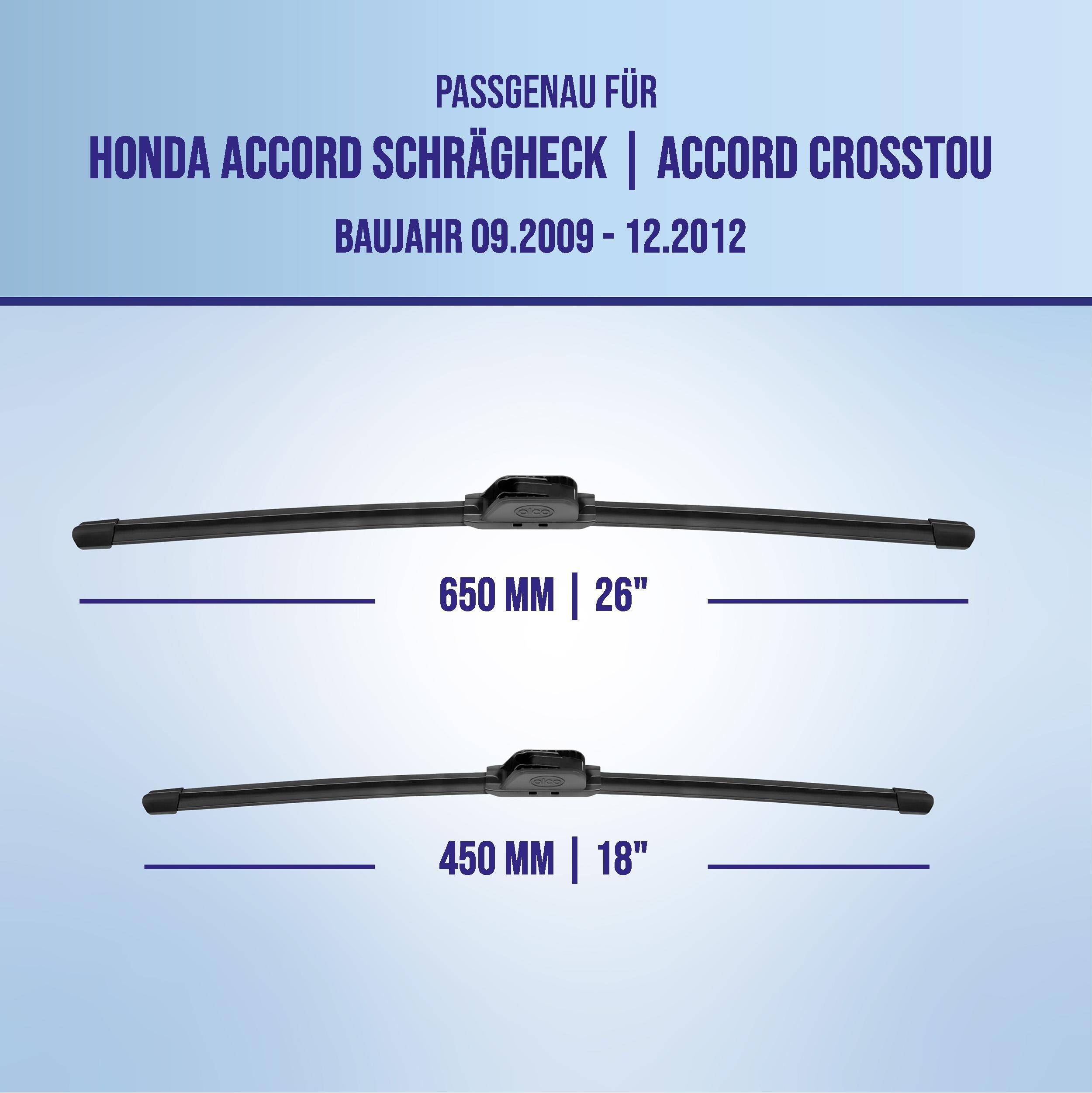 Diagramm mit kompatiblen Scheibenwischergröße für Honda Accord Schrägheck/Accord Crosstour, Modelljahre 09.2009-12.2012: 650 mm (26 Zoll) und 450 mm (18 Zoll).