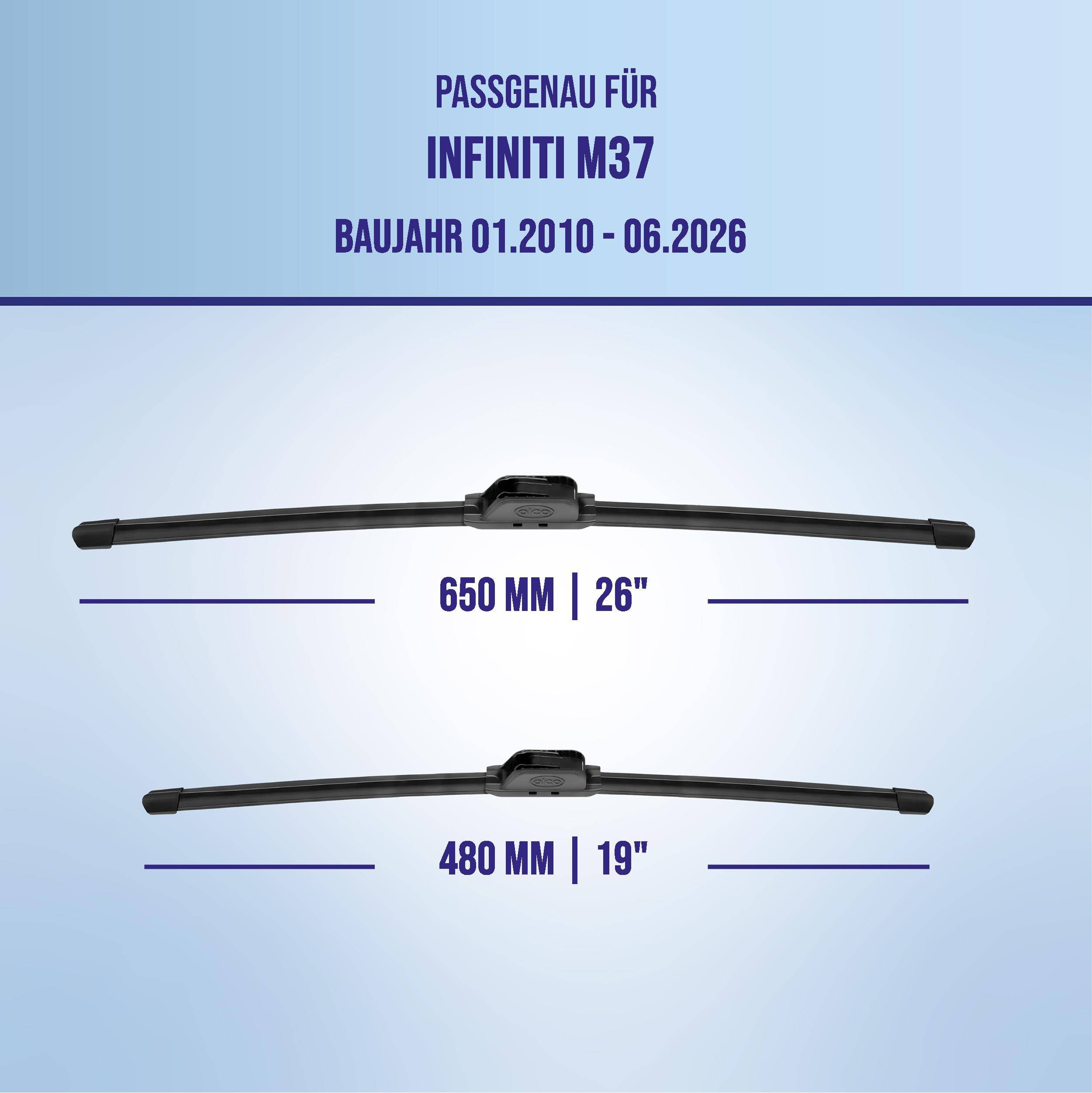 Infografik mit zwei Scheibenwischern kompatibel mit Infiniti M37, Modelljahre 01.2010-06.2026; die angezeigten Größen sind 650 mm (26