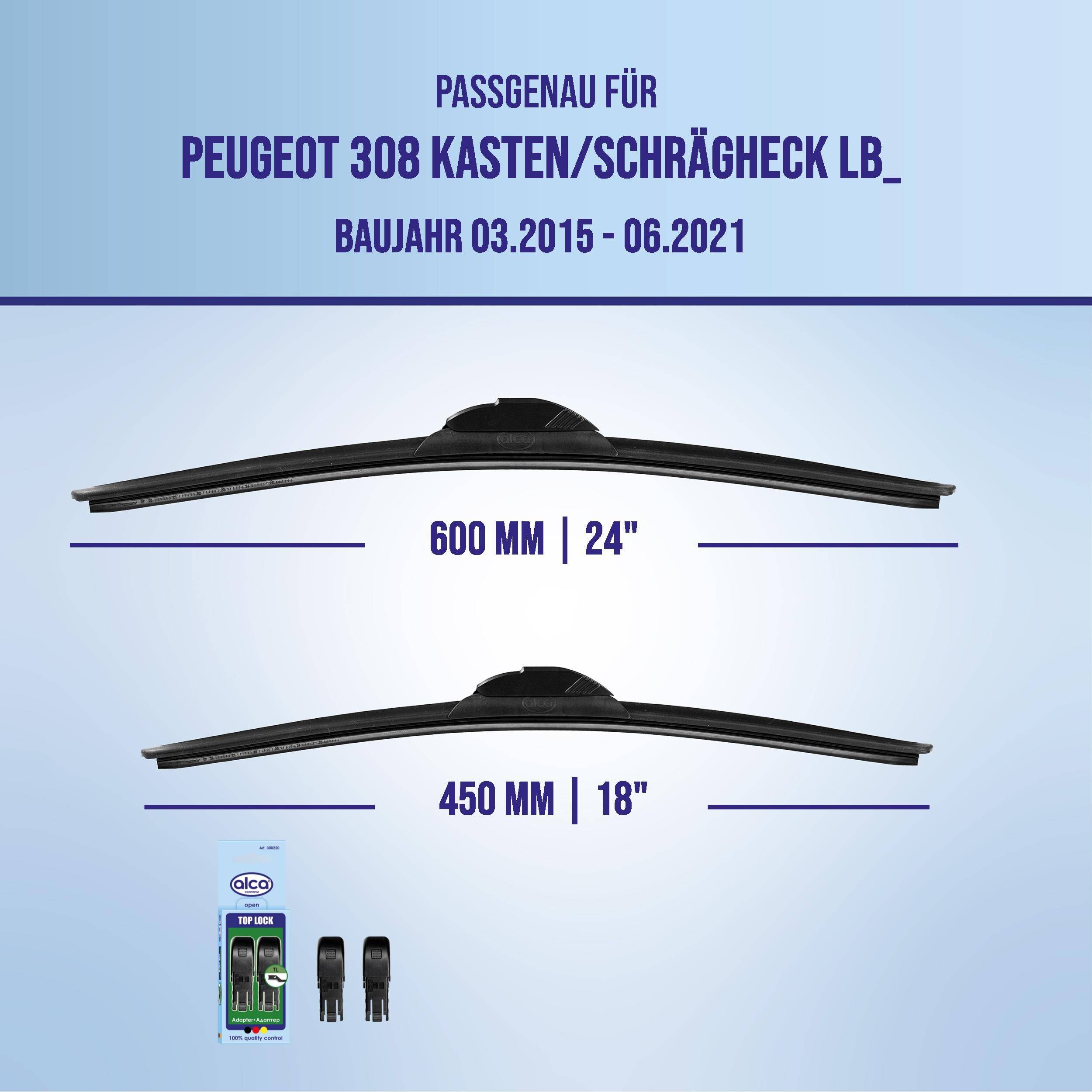 alca® Scheibenwischer für PEUGEOT 308 Kasten/Schrägheck 03.2015 - 06.2021, SUPER FLAT