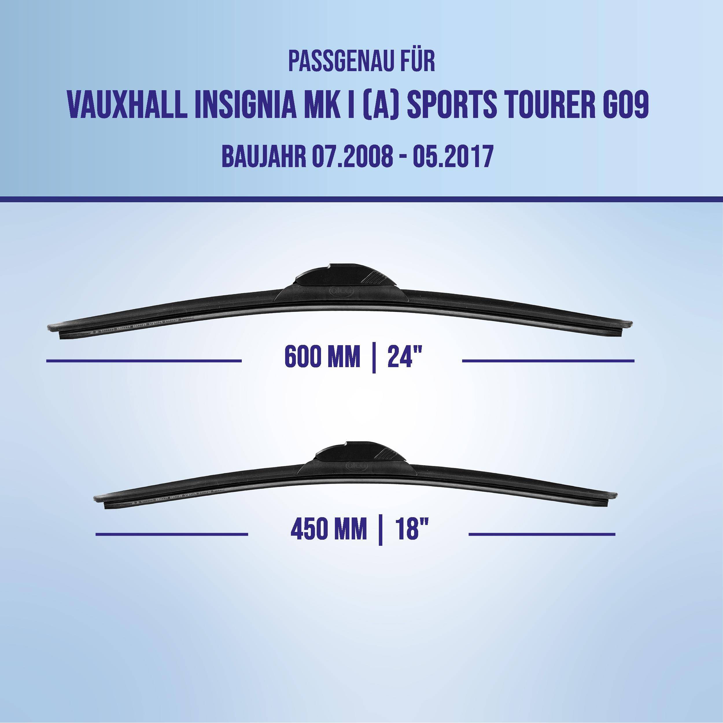 Kompatibilitätstabelle für Vauxhall Insignia Mk I (A) Sports Tourer G09, Baujahr 07.2008–05.2017, zeigt Wischblätter 600 mm (24