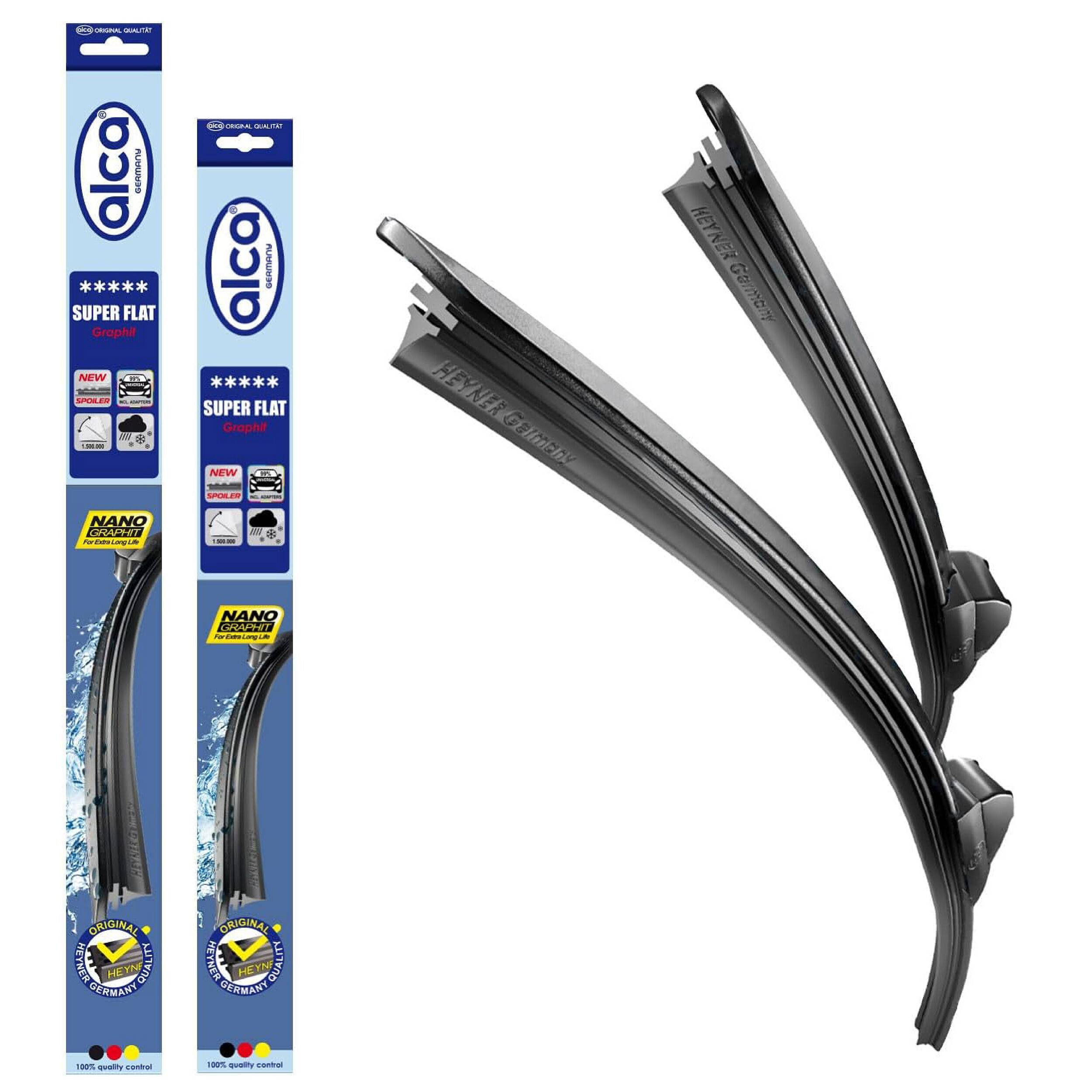 Paar Alca Super Flat Scheibenwischer in der Verpackung. Nanotechnologie für Langlebigkeit, passt auf verschiedene Automodelle, mit schlankem Design.