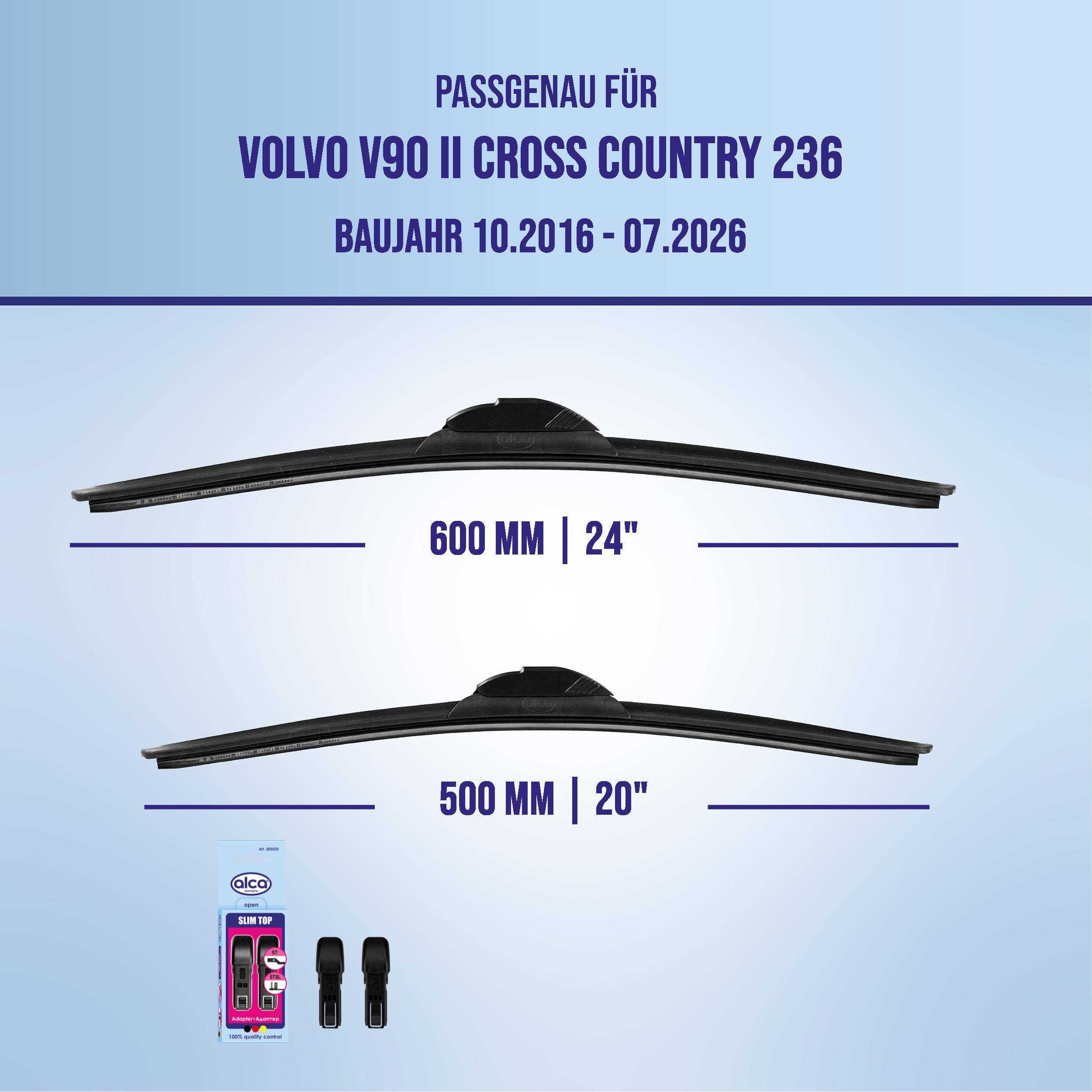 Grafik mit kompatiblen Wischerblättern für Volvo V90 II Cross Country 236, Baujahr 10/2016-07/2026: 600 mm (24