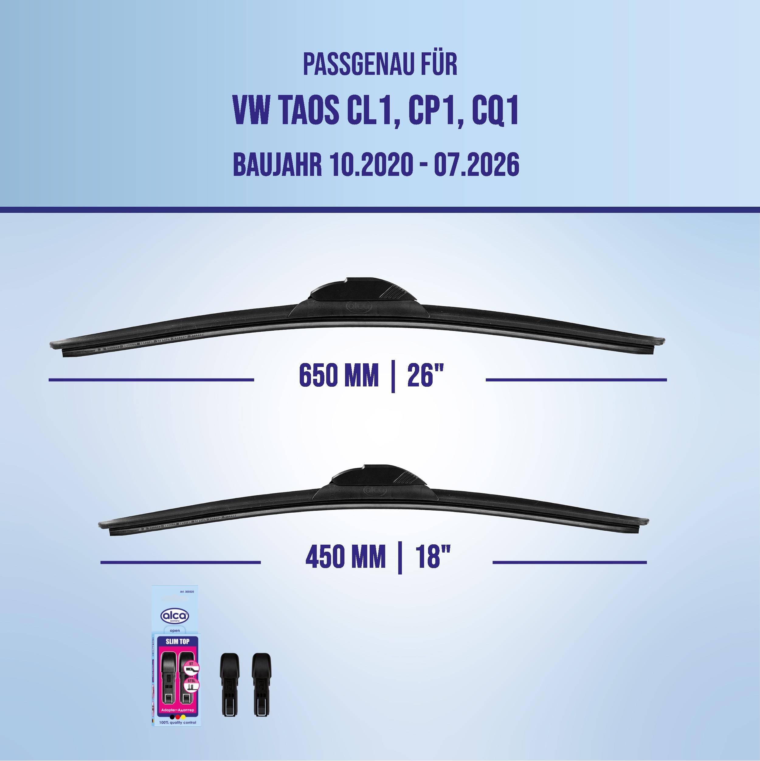 Diagramm mit kompatiblen Scheibenwischergröße für VW Taos CL1, CP1, CQ1 (Modelljahre 10.2020-07.2026): 650 mm (26