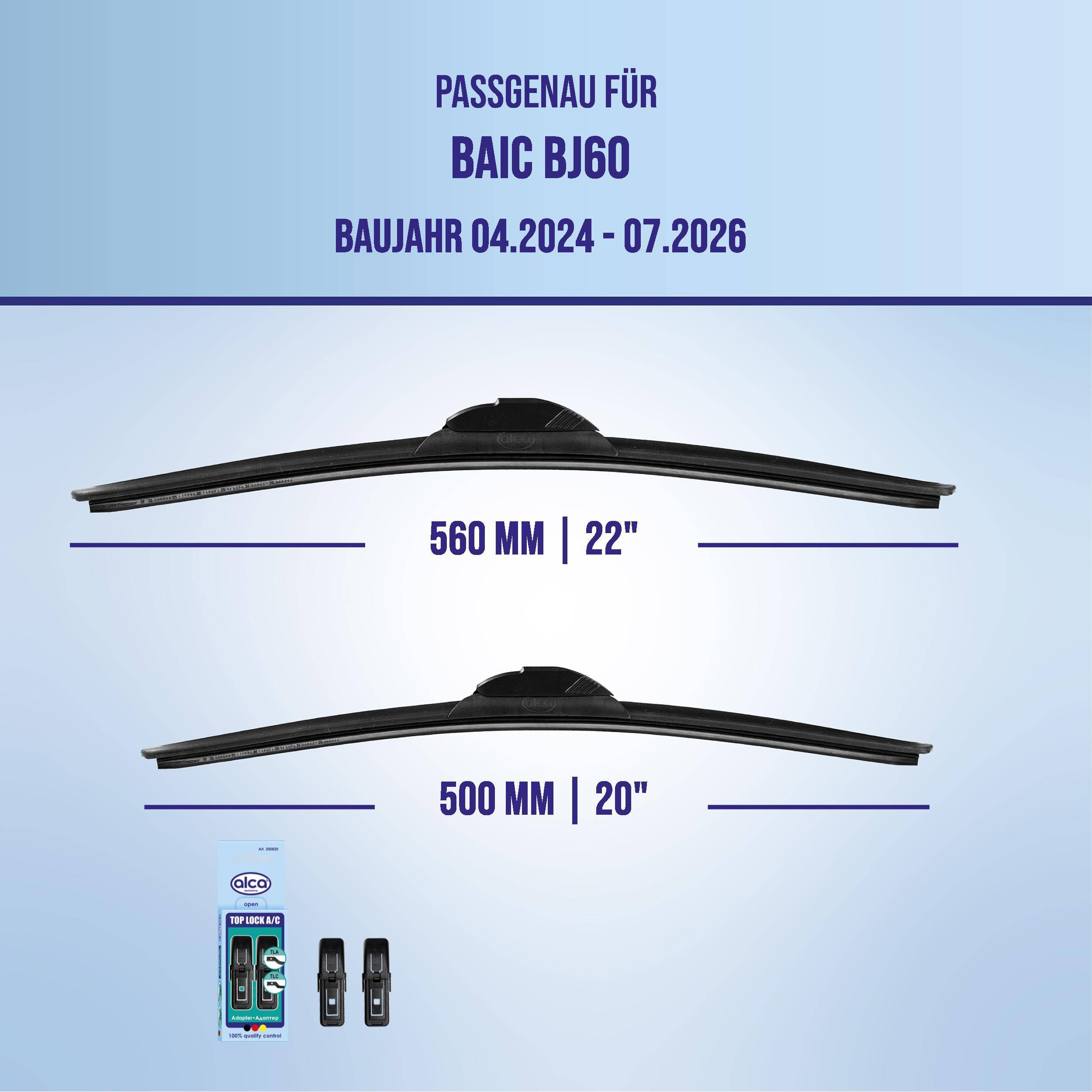 Kompatibilitätstabelle für Scheibenwischer des BAIC BJ60, mit Größen 560 mm (22