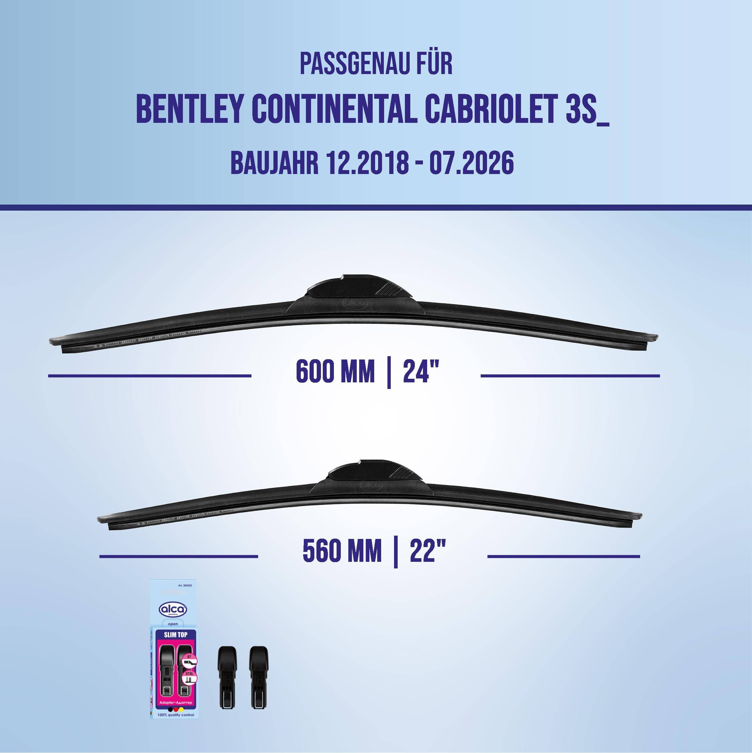 Grafik zur Scheibenwischer-Montage für Bentley Continental Cabriolet 3S, Modelljahre 12.2018-07.2026, zeigt Größen 600 mm (24