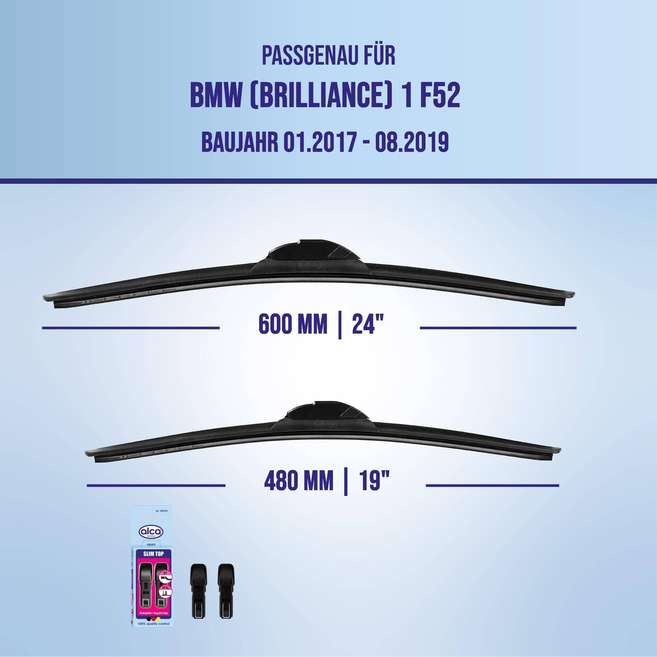 Grafik mit kompatiblen Scheibenwischern für BMW 1 F52 (Brilliance), Modelljahre 01/2017-08/2019, mit Blattgrößen von 600 mm und 480 mm.