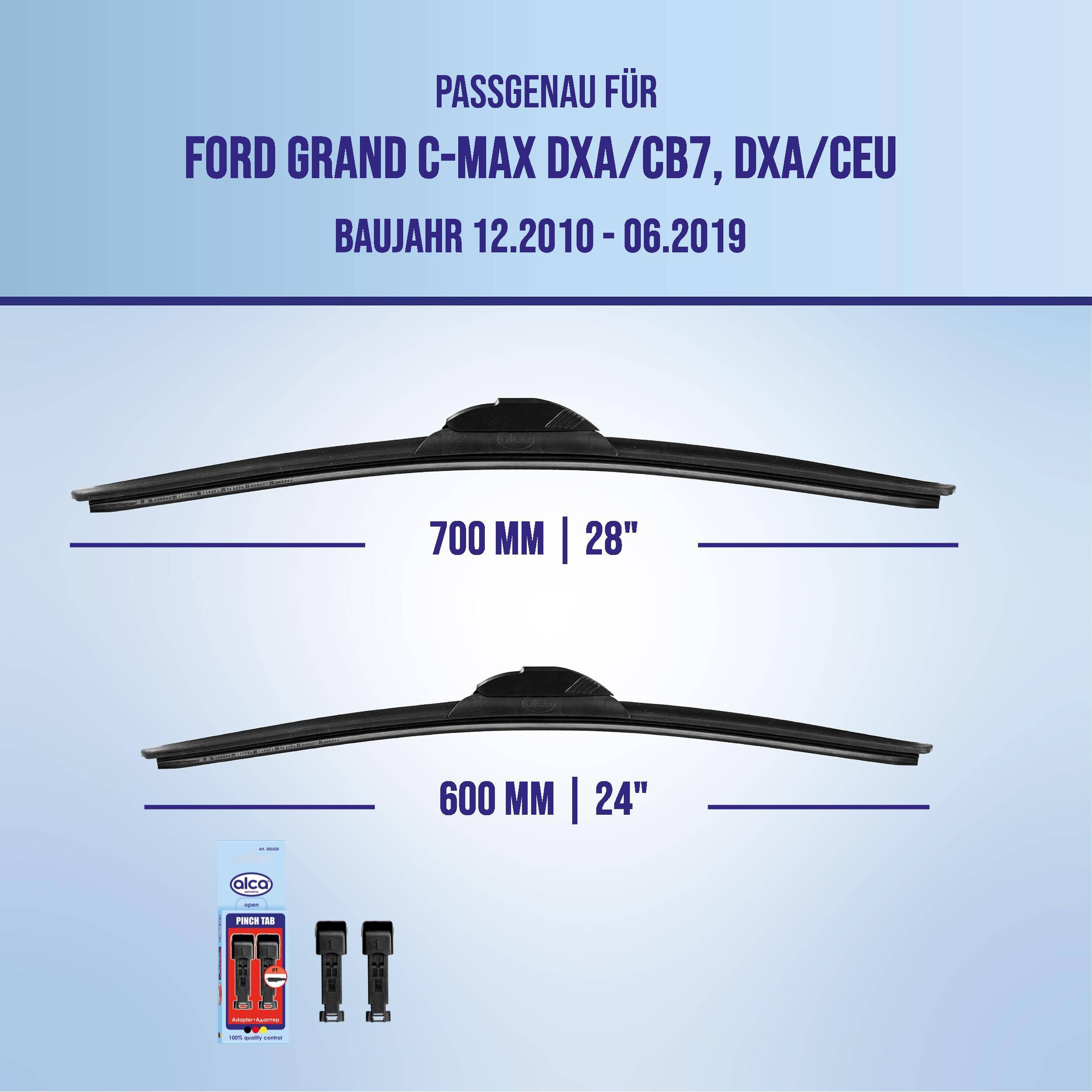 Kompatibilitätsgrafik für Ford Grand C-Max DXA/CB7, DXA/CEU, Modelljahre 12/2010-06/2019, zeigt Wischerblattgrößen 700 mm (28