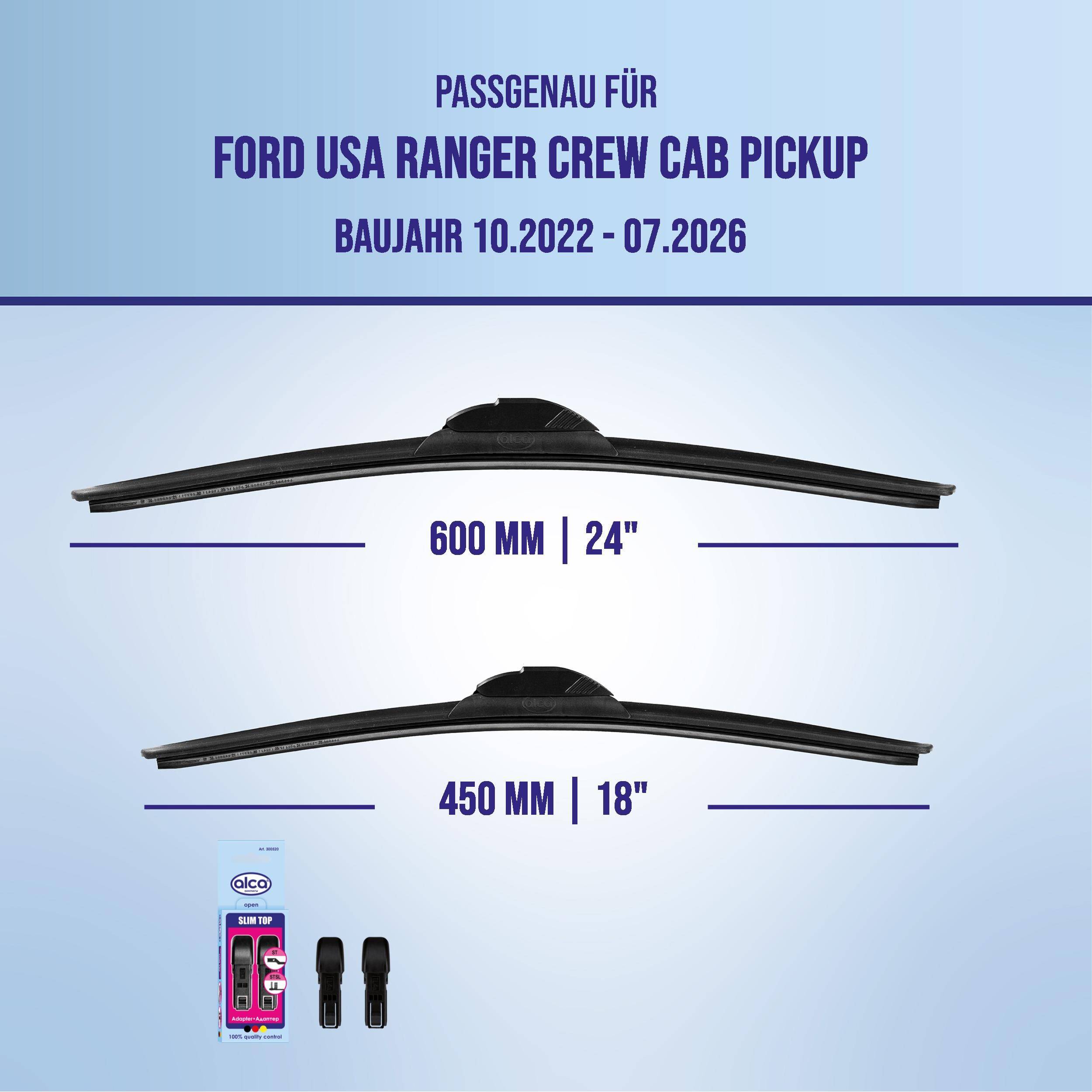 Kompatibilitätsabbildung für Ford USA Ranger Crew Cab Pickup, Modelljahr 10/2022-07/2026, zeigt Wischergröße 600 mm (24